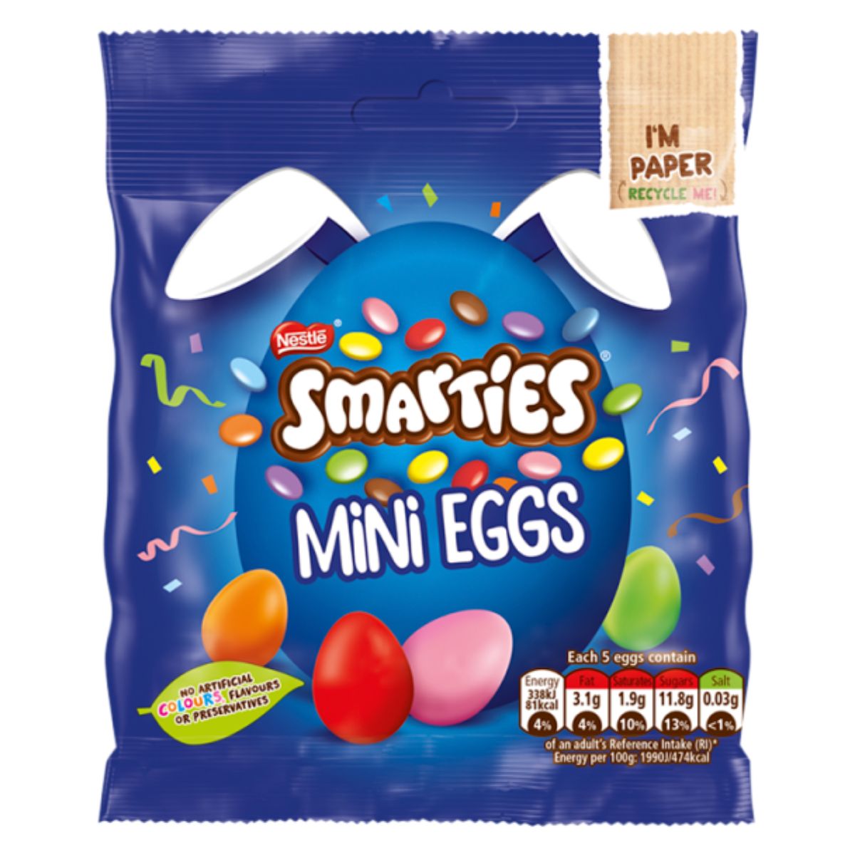 A package of Nestle Smarties Milk Chocolate Mini Eggs Sharing Bag with "i'm paper recycle me" label.