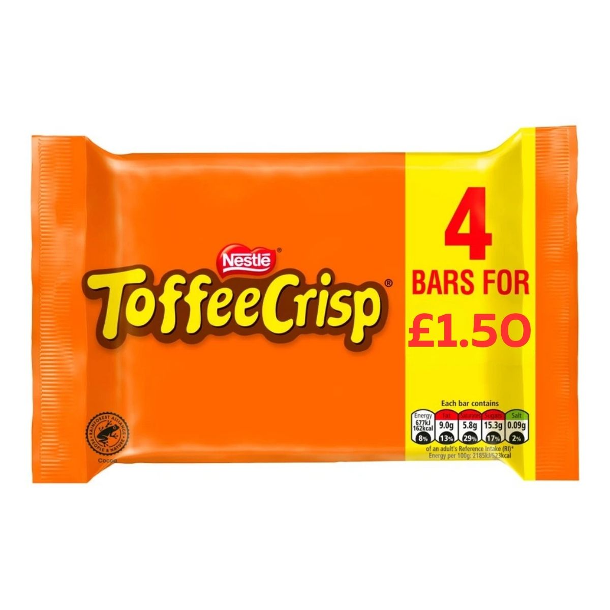 Orange and yellow Nestlé Toffee Crisp Bars 4 Pack (124g), labeled "4 bars for £1.50," features milk chocolate and crispy cereal, with nutritional info displayed at the bottom right. Orange and yellow Nestlé Toffee Crisp Bars 4 Pack (124g), labeled "4 bars for £1.50," features milk chocolate and crispy cereal, with nutritional info displayed at the bottom right.