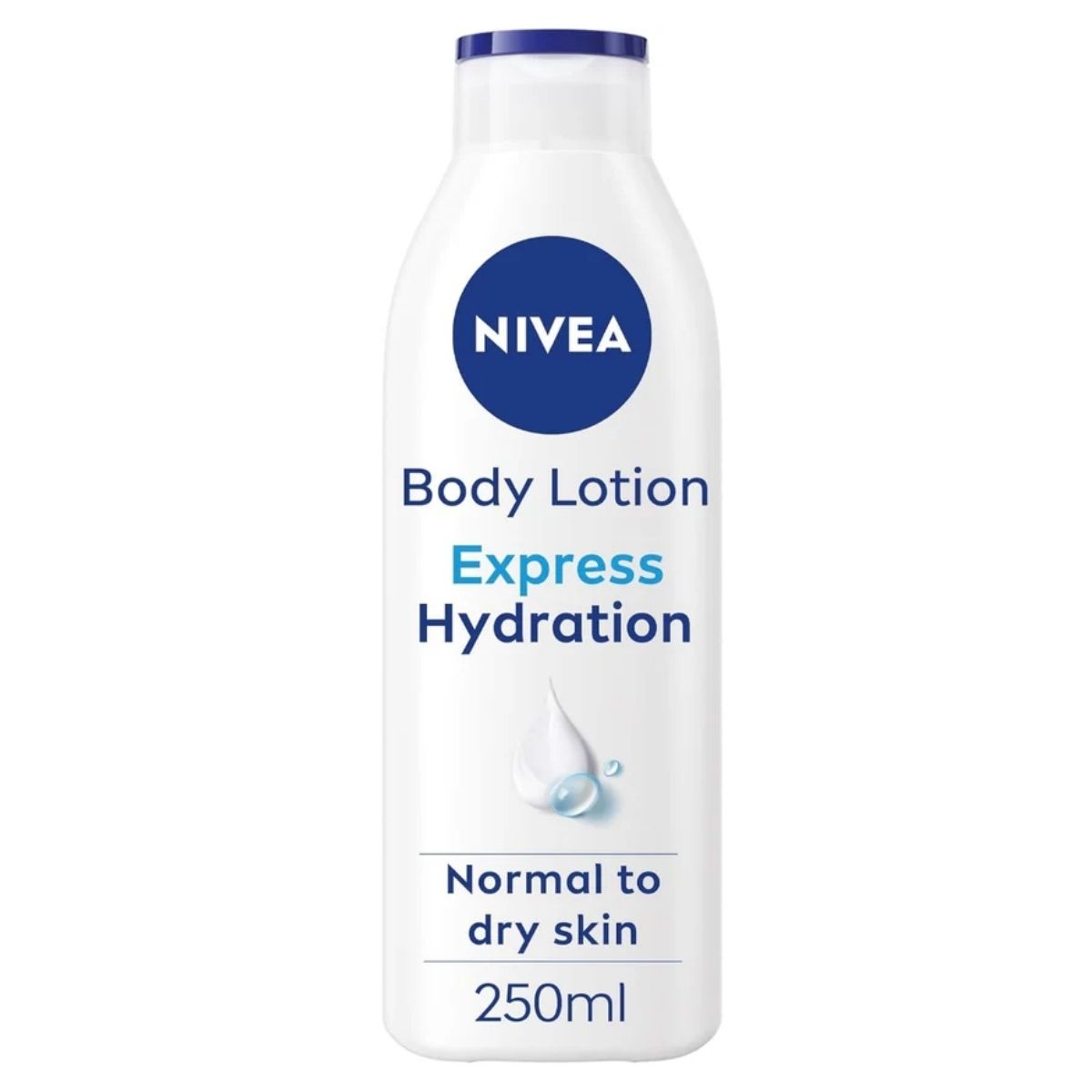 A white 250ml bottle of Nivea - Express Hydration Body Lotion For Dry Skin features blue and black text, a water droplet graphic, and claims to deliver 72h moisture for long-lasting hydration. A white 250ml bottle of Nivea - Express Hydration Body Lotion For Dry Skin features blue and black text, a water droplet graphic, and claims to deliver 72h moisture for long-lasting hydration.