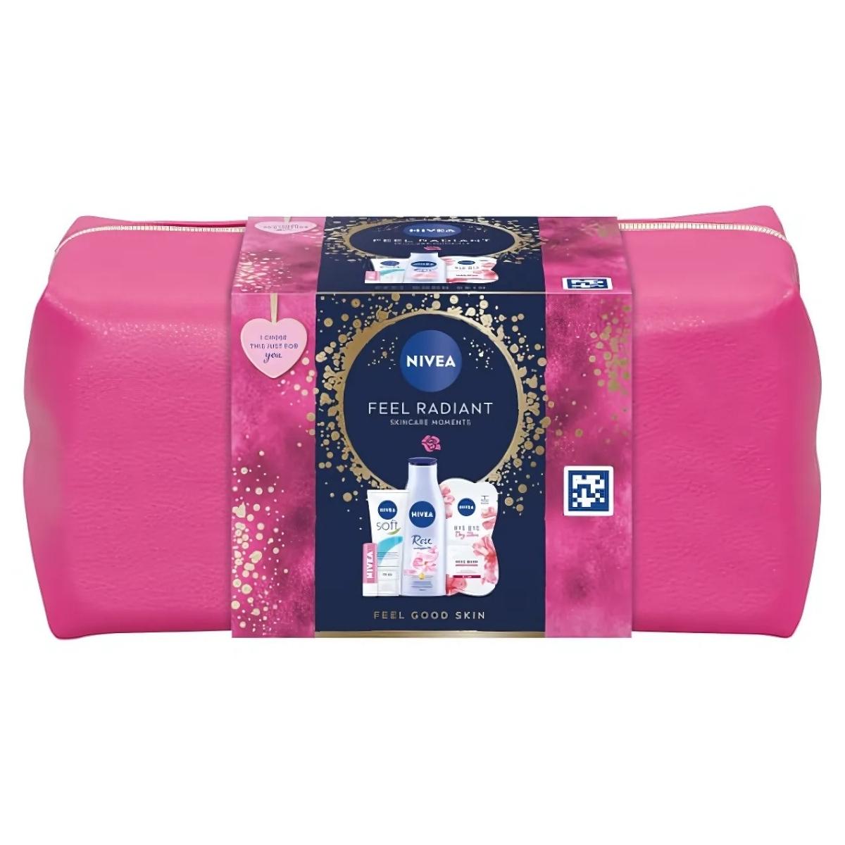 The Nivea - Feel Radiant Skincare Gift Set Bag features 6 products in a pink zippered pouch, each with decorative gold and pink accents on their packaging. The Nivea - Feel Radiant Skincare Gift Set Bag features 6 products in a pink zippered pouch, each with decorative gold and pink accents on their packaging.