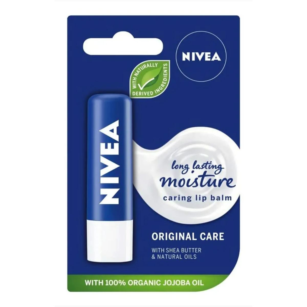 A Nivea - Lip Balm Original Care - 5.5ml blue and white package of lip balm.