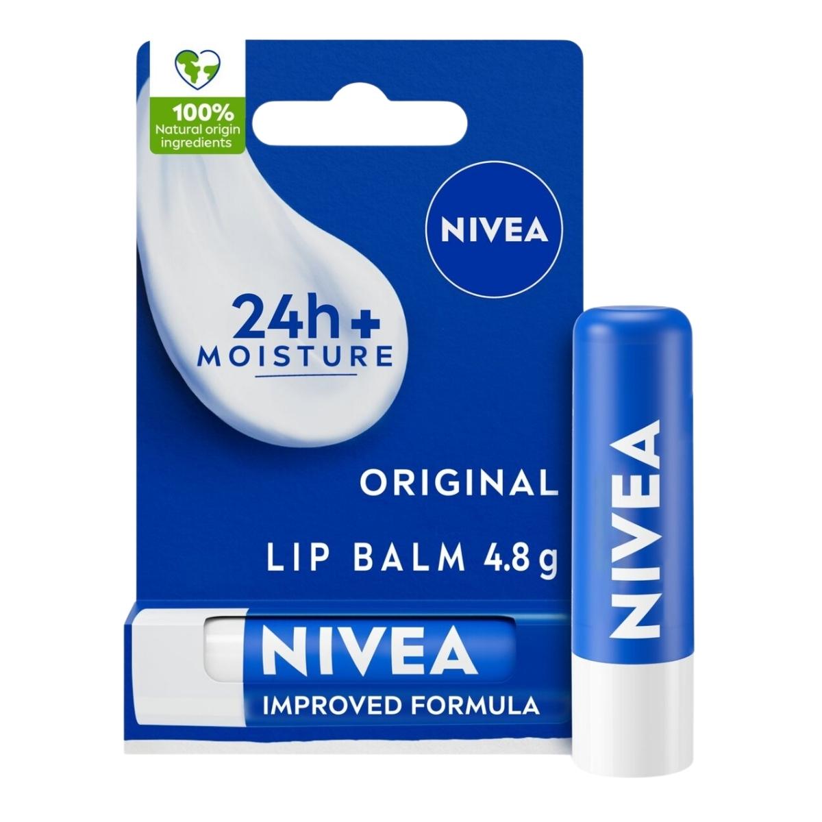 Nivea - Lip Balm Original Care - 4.8g features blue and white packaging and offers 24+ hour moisture with an improved formula of naturally derived ingredients for soft lips. Nivea - Lip Balm Original Care - 4.8g features blue and white packaging and offers 24+ hour moisture with an improved formula of naturally derived ingredients for soft lips.