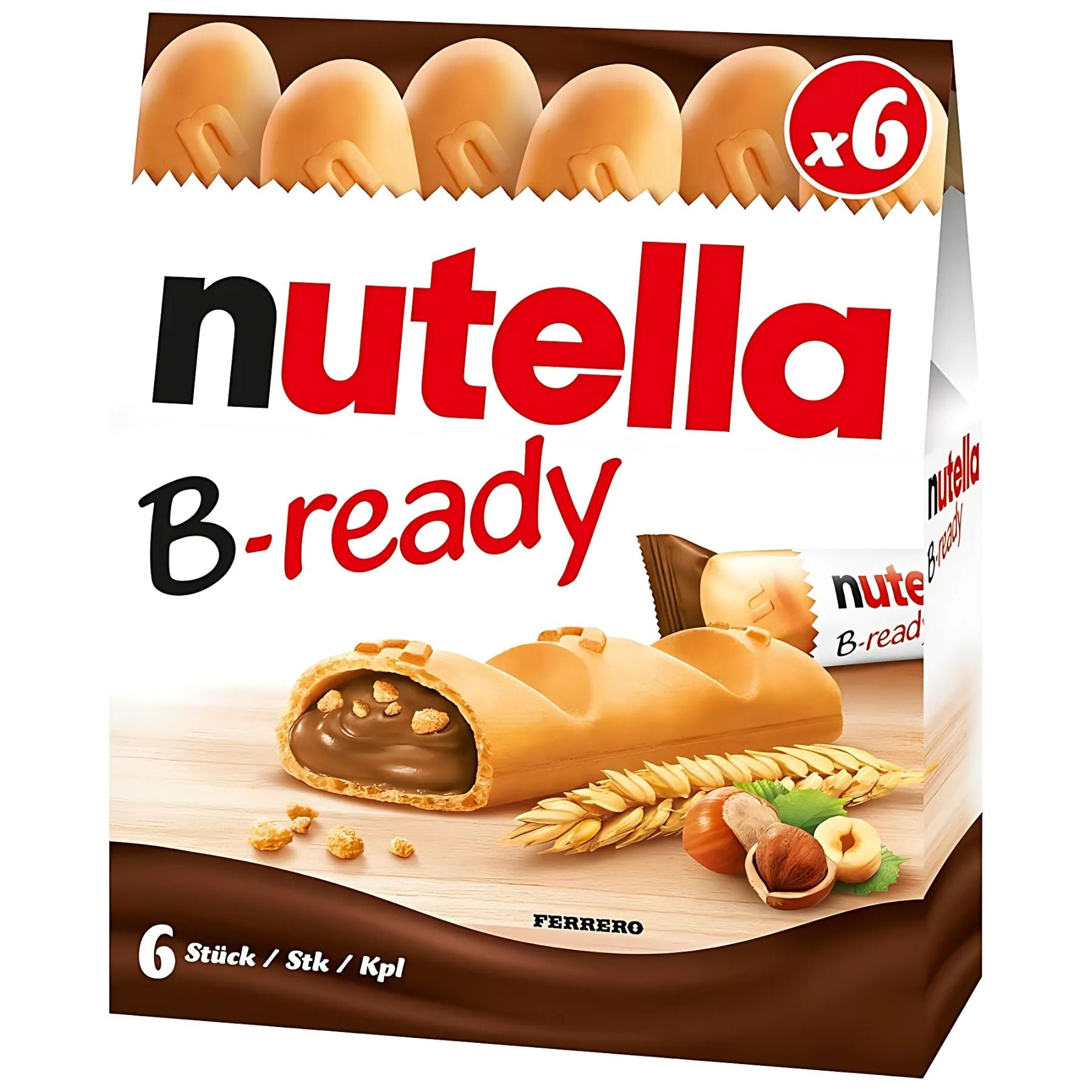 A box of Nutella B Ready Wafer Filled with Hazelnut Spread contains 6 x 22g crispy snacks, each filled with creamy hazelnut spread, with eye-catching branding and tempting product images on the packaging. A box of Nutella B Ready Wafer Filled with Hazelnut Spread contains 6 x 22g crispy snacks, each filled with creamy hazelnut spread, with eye-catching branding and tempting product images on the packaging.