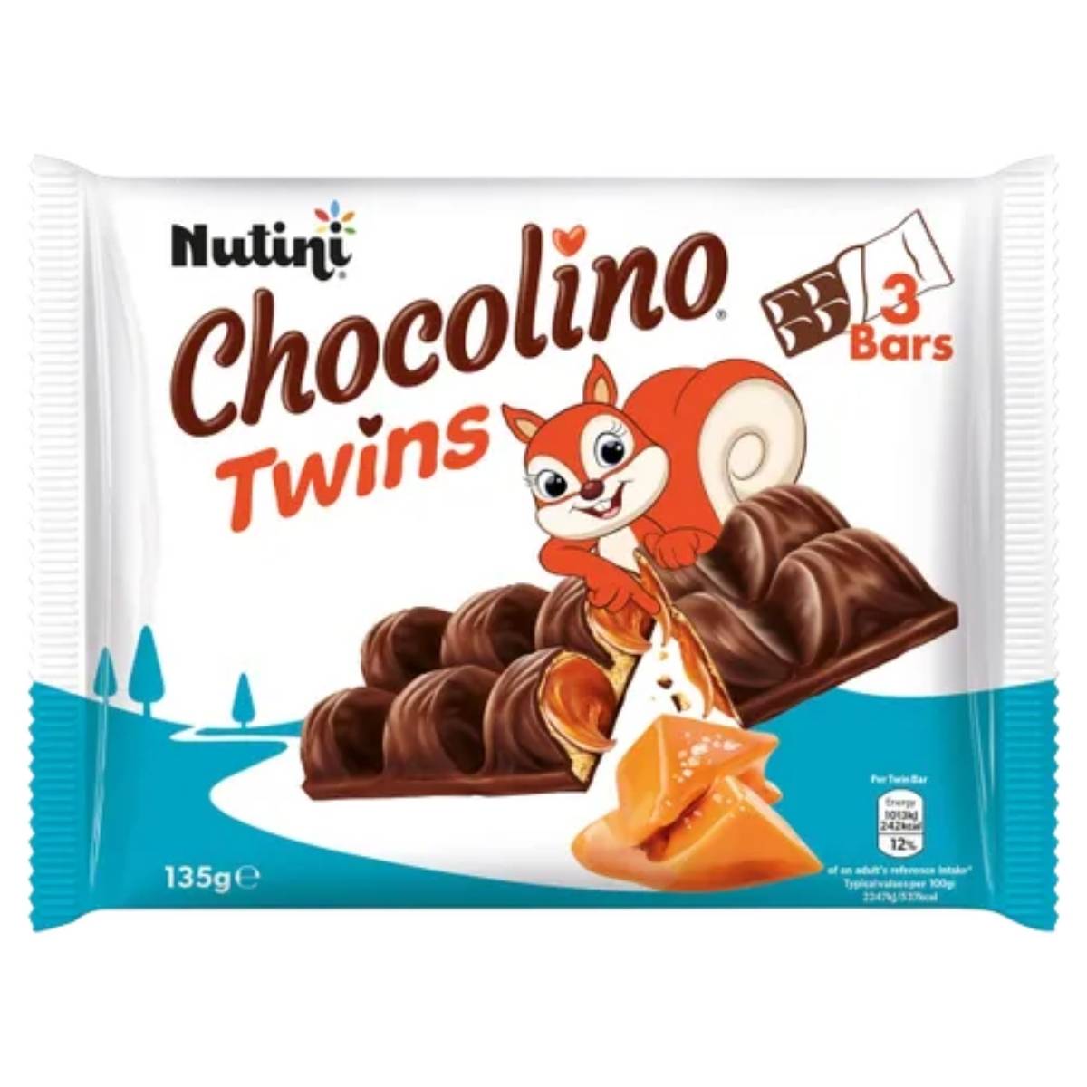 The Nutini - Chocolino Twins 3 x 45g package features a cartoon squirrel and includes three caramel-filled wafer bars coated in chocolate, weighing a total of 135 grams. The Nutini - Chocolino Twins 3 x 45g package features a cartoon squirrel and includes three caramel-filled wafer bars coated in chocolate, weighing a total of 135 grams.