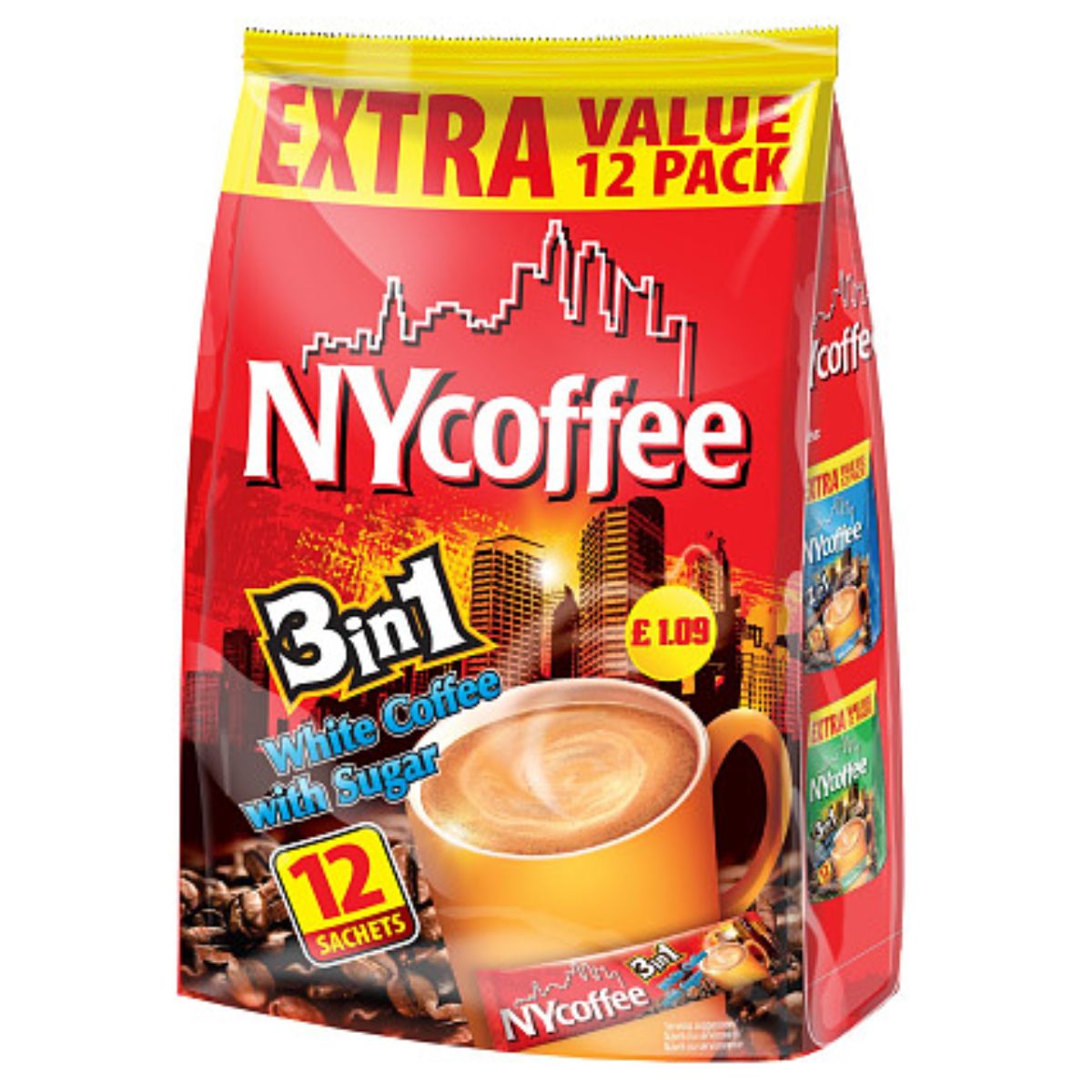 A bag of Nycoffee - 3 in 1 White Coffee with Sugar - 12 Sachets with a cup of coffee.