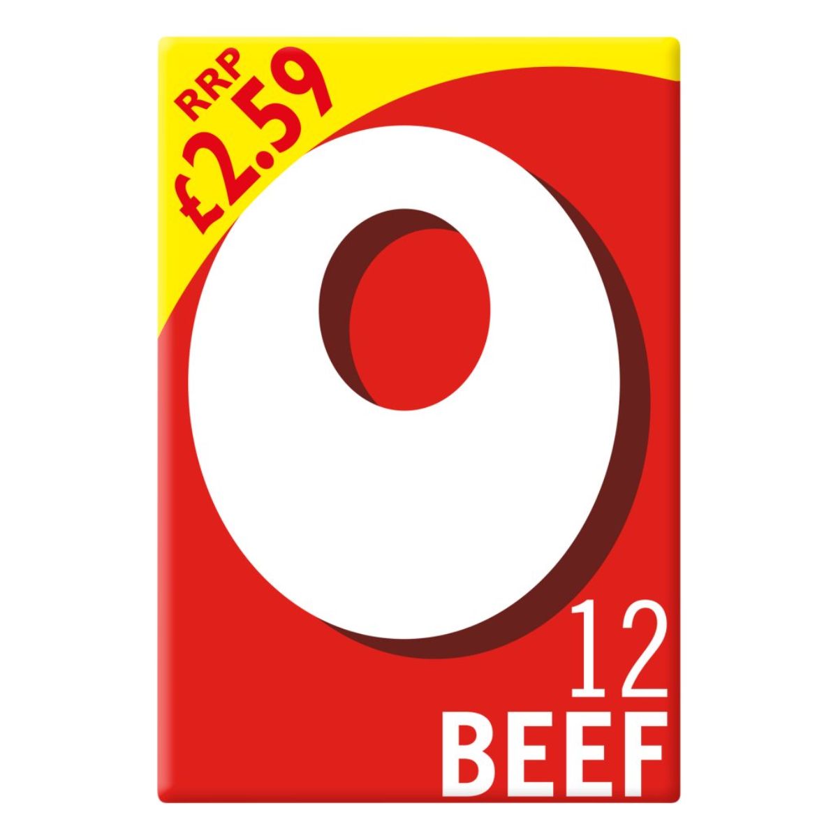 A red and white sign that says OXO - 12 Beef Stock Cubes - 71g.