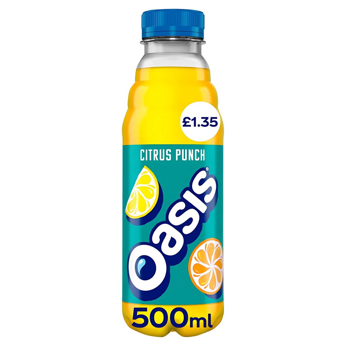 500ml Oasis - Citrus Punch drink with a blue cap, turquoise label showing lemon and orange slices, and a £1.35 price sticker. 500ml Oasis - Citrus Punch drink with a blue cap, turquoise label showing lemon and orange slices, and a £1.35 price sticker.