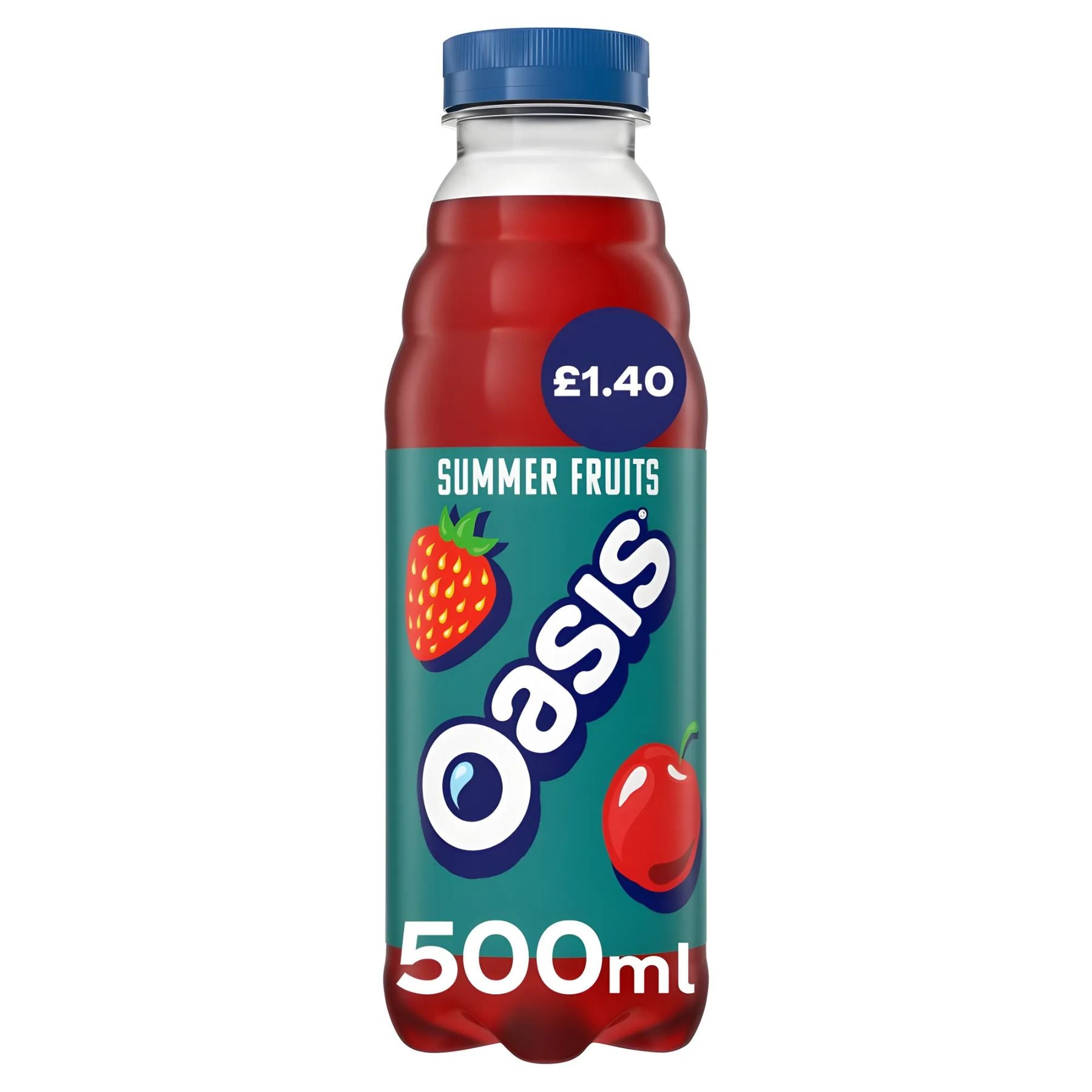 A 500ml bottle of Oasis - Summer Fruits features a blue cap and a label with strawberries and cherries, priced at £1.40. A 500ml bottle of Oasis - Summer Fruits features a blue cap and a label with strawberries and cherries, priced at £1.40.
