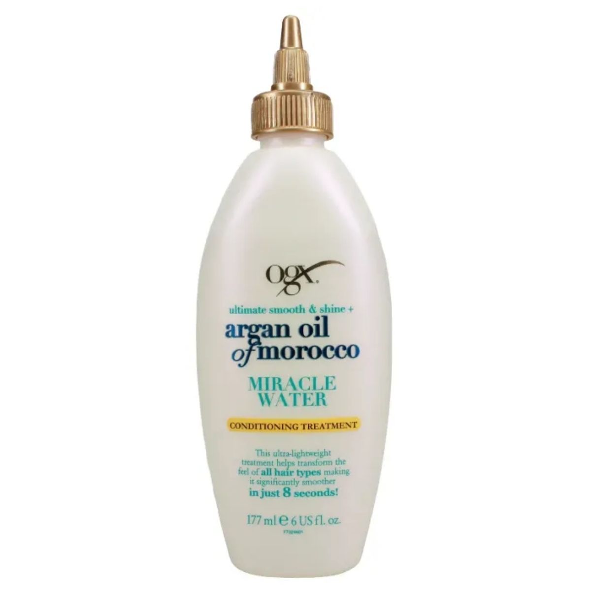 A white 177ml bottle of Ogx Argan Oil Of Morocco Miracle Water Conditioning Treatment with a gold twist cap and blue, gold, and black label text. A white 177ml bottle of Ogx Argan Oil Of Morocco Miracle Water Conditioning Treatment with a gold twist cap and blue, gold, and black label text.