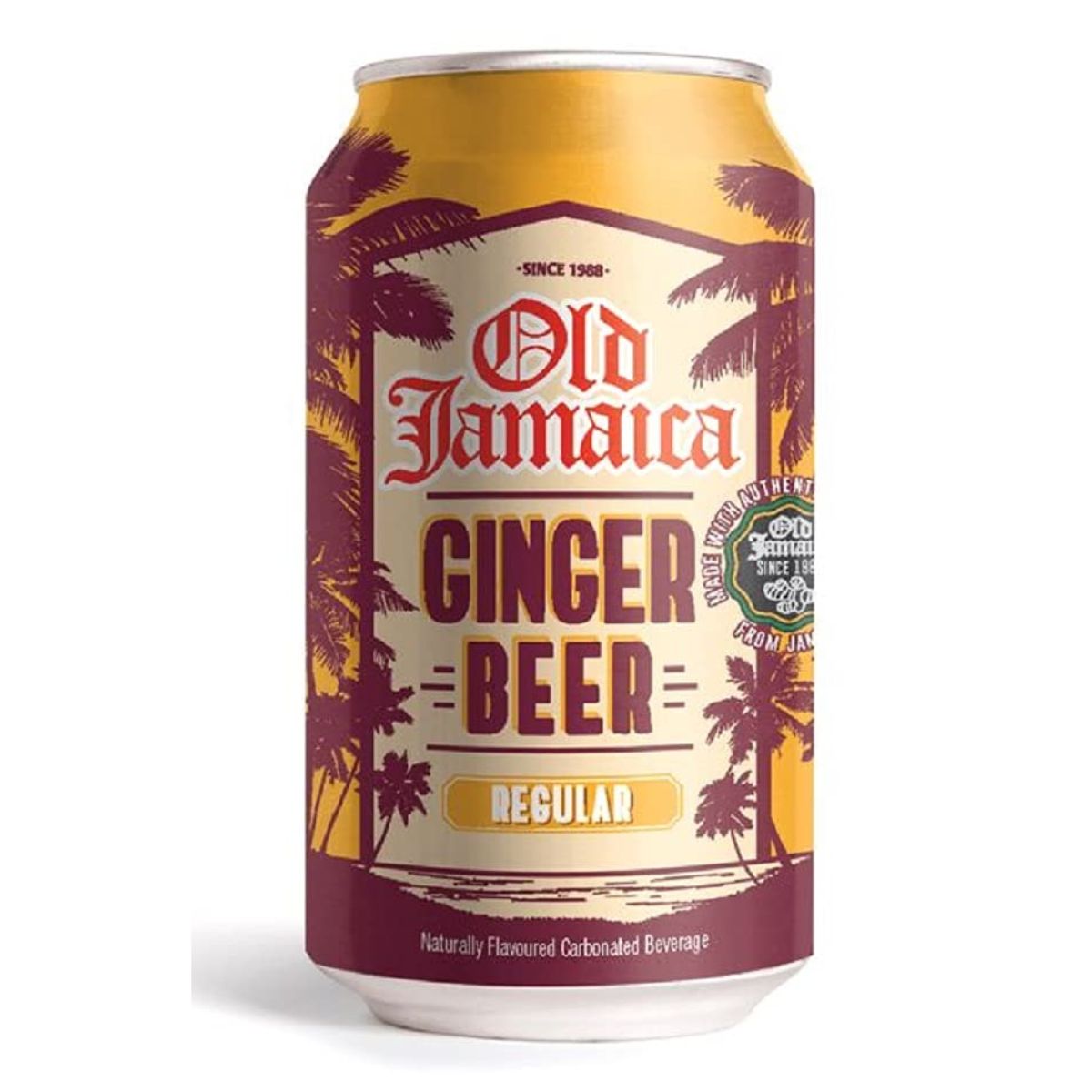 A 330ml can of Old Jamaica Ginger Beer Original displays palm tree graphics with "Regular" and "Naturally Flavoured Carbonated Beverage," highlighting its authentic ginger flavor. A 330ml can of Old Jamaica Ginger Beer Original displays palm tree graphics with "Regular" and "Naturally Flavoured Carbonated Beverage," highlighting its authentic ginger flavor.