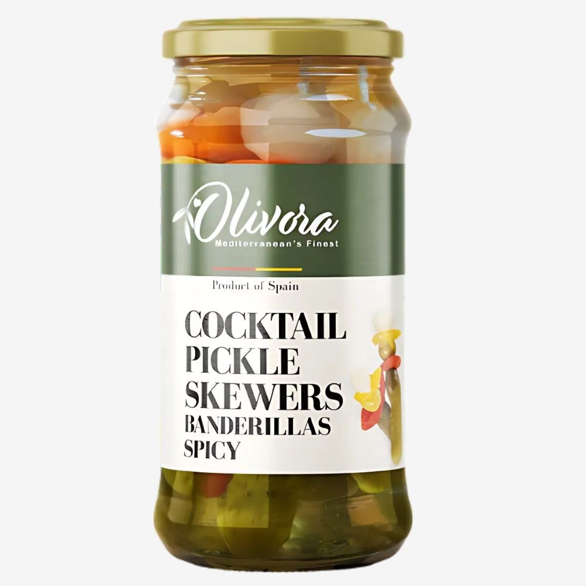 A clear jar labeled "Olivora - Cocktail Pickle Skewers - 160g" reveals vibrant vegetables, marked "Banderillas Spicy," and is a delightful product of Spain. A clear jar labeled "Olivora - Cocktail Pickle Skewers - 160g" reveals vibrant vegetables, marked "Banderillas Spicy," and is a delightful product of Spain.