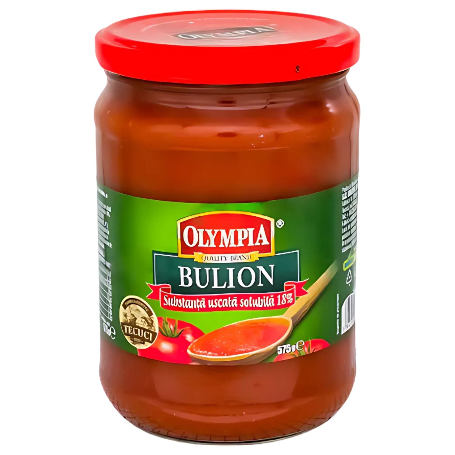 A 575g glass jar of Olympia Bulion Tomato Paste has a red lid, Romanian text, and a label showing ripe tomatoes, tomato concentrate, and a spoonful of thick paste. A 575g glass jar of Olympia Bulion Tomato Paste has a red lid, Romanian text, and a label showing ripe tomatoes, tomato concentrate, and a spoonful of thick paste.