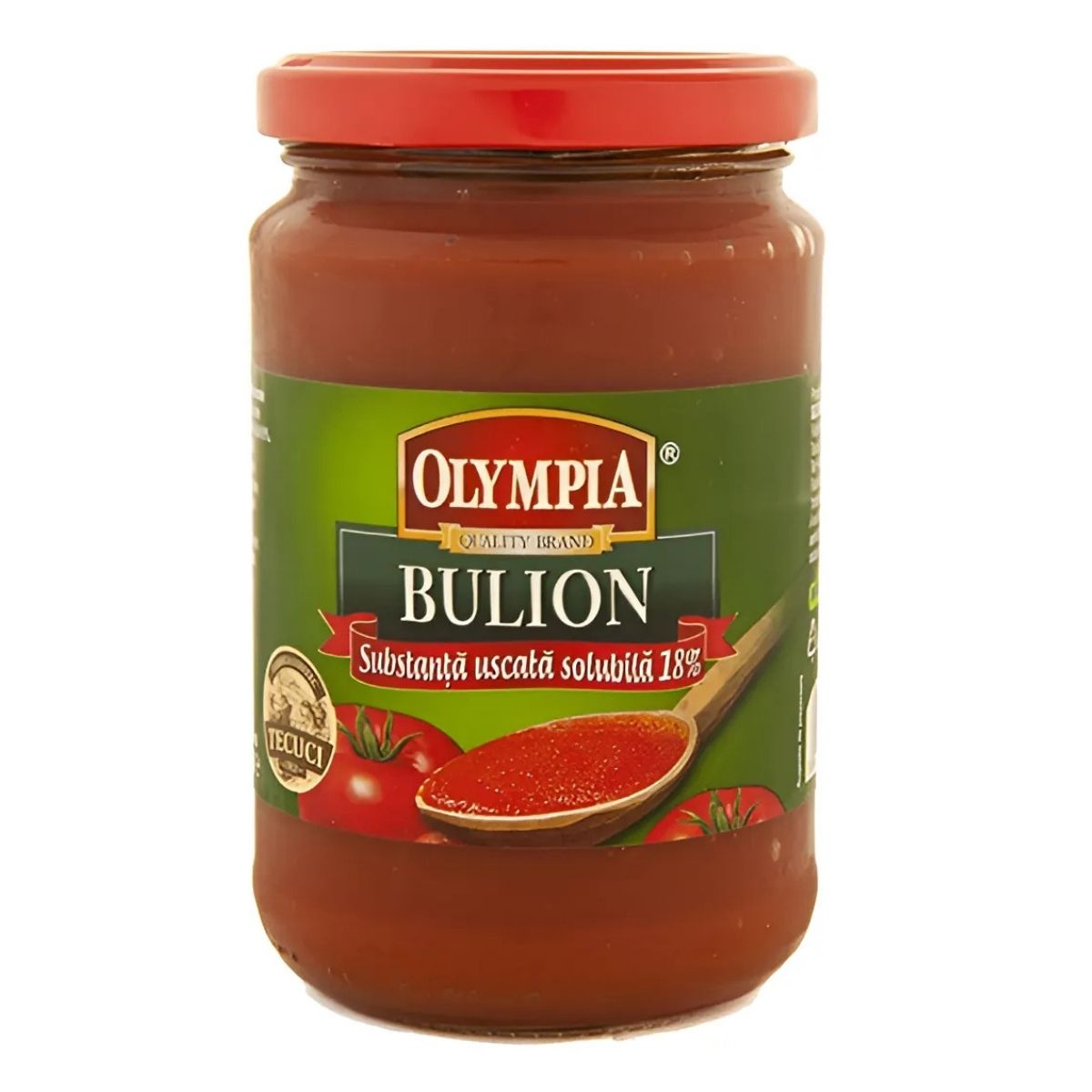 A 575g glass jar of Olympia Tomato Broth Soluble Dry Matter 18%, with a red lid and green label featuring tomatoes and Romanian product info, perfect for adding rich tomato flavor to soups. A 575g glass jar of Olympia Tomato Broth Soluble Dry Matter 18%, with a red lid and green label featuring tomatoes and Romanian product info, perfect for adding rich tomato flavor to soups.