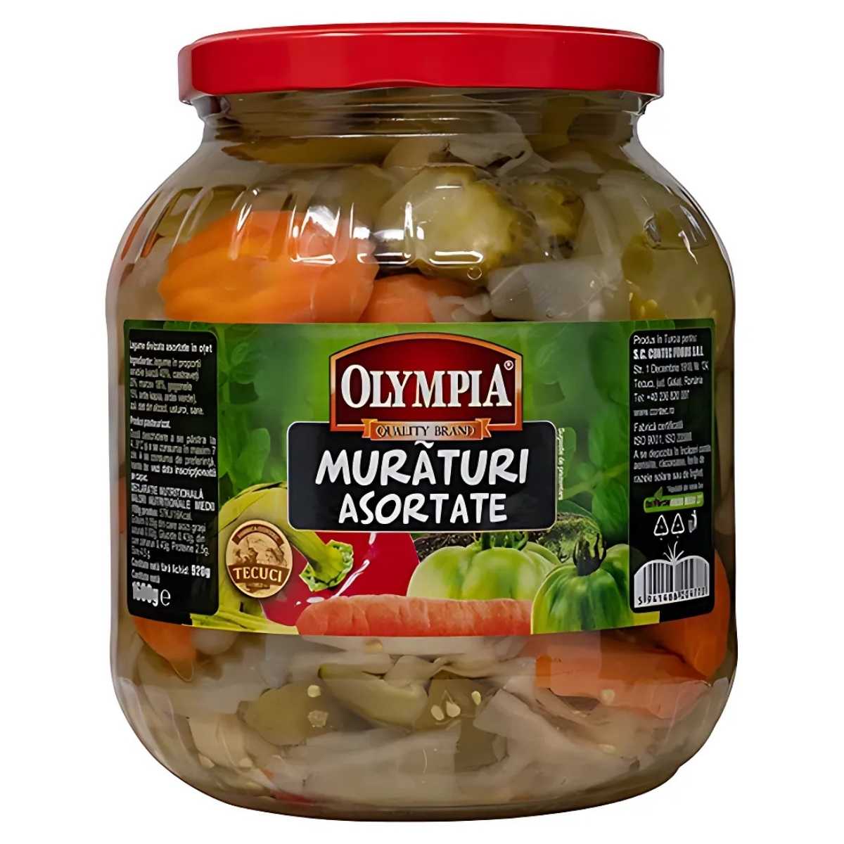 Jar of Olympia - Mixed Vegetable Pickles (Muraturi Asortate) - 1600g, featuring a vibrant red lid and eye-catching graphics that highlight the crunchy vegetables within, promising a zesty kick with every bite. Jar of Olympia - Mixed Vegetable Pickles (Muraturi Asortate) - 1600g, featuring a vibrant red lid and eye-catching graphics that highlight the crunchy vegetables within, promising a zesty kick with every bite.