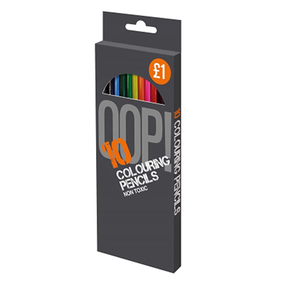 Sentence with Product Name: Oop! - Colouring Pencils - Pack of 10 priced at £1.