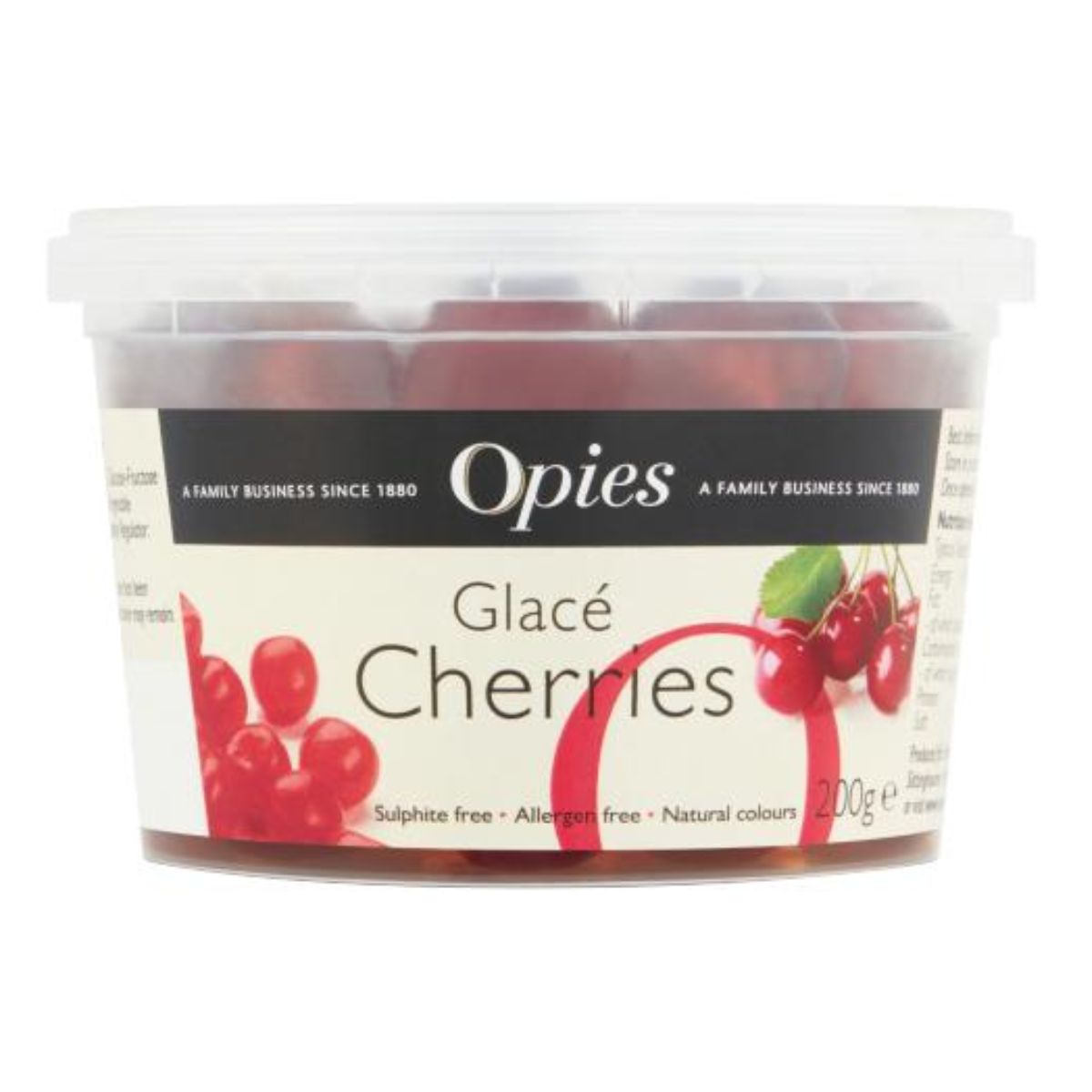 Opies - Glace Cherries - 200g in a plastic tub. Opies - Glace Cherries - 200g in a plastic tub.