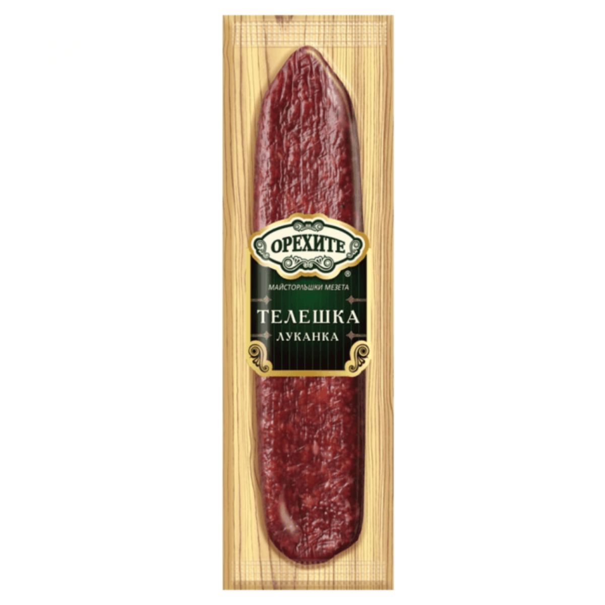 A piece of Orehite - Raw Dried Lukanka Veal (Beef) - 190g on a wooden board. A piece of Orehite - Raw Dried Lukanka Veal (Beef) - 190g on a wooden board.