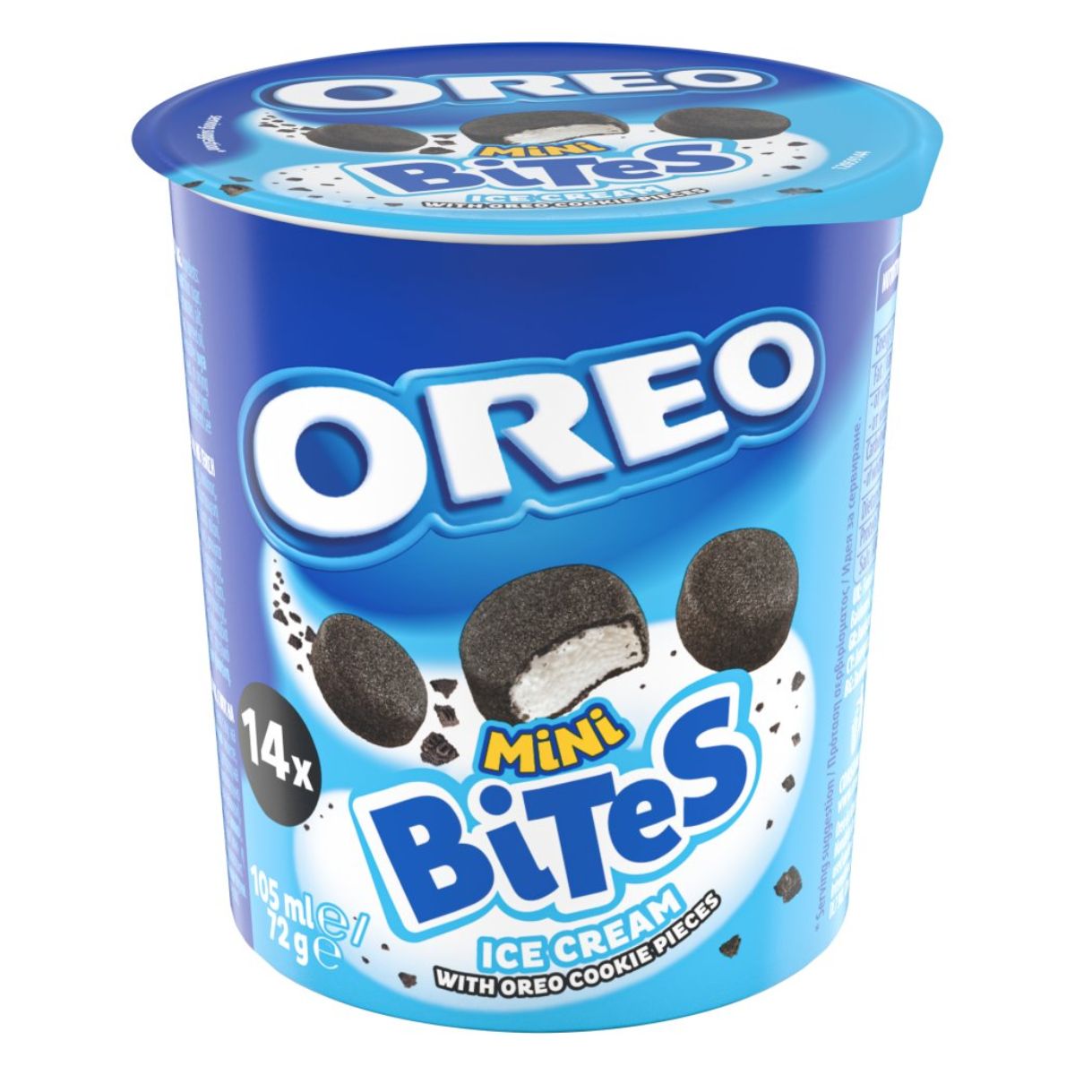 A container of Oreo - 14 Mini Bites ice cream with Oreo cookie pieces, showing 14 individual servings and a 105 milliliters volume. A container of Oreo - 14 Mini Bites ice cream with Oreo cookie pieces, showing 14 individual servings and a 105 milliliters volume.