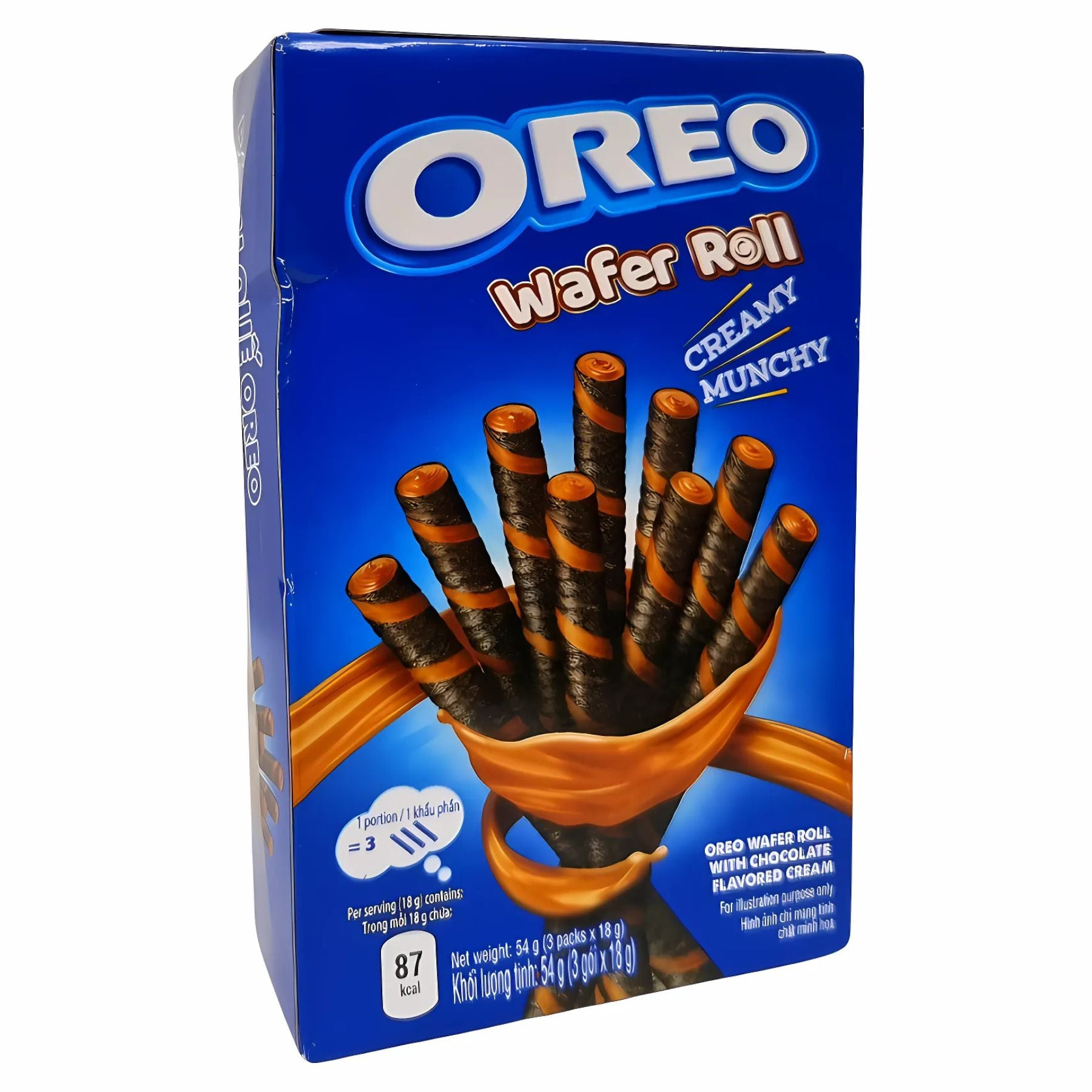 A blue box of Oreo - Chocolate Flavoured Wafer Roll Creamy Munchy - 54g shows wafer rolls filled with cream in a bowl. The packaging features "creamy, munchy" and displays nutritional information. A blue box of Oreo - Chocolate Flavoured Wafer Roll Creamy Munchy - 54g shows wafer rolls filled with cream in a bowl. The packaging features "creamy, munchy" and displays nutritional information.