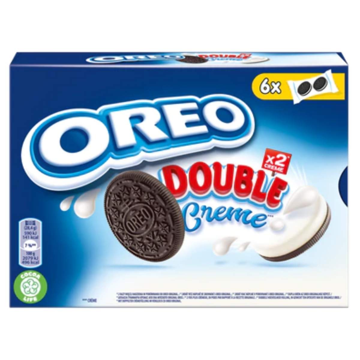 A 170g box of Oreo - Double Creme Biscuits, depicted with a cookie and its white cream filling adorned by scattered cookie crumbs, available in a 6-pack size. A 170g box of Oreo - Double Creme Biscuits, depicted with a cookie and its white cream filling adorned by scattered cookie crumbs, available in a 6-pack size.