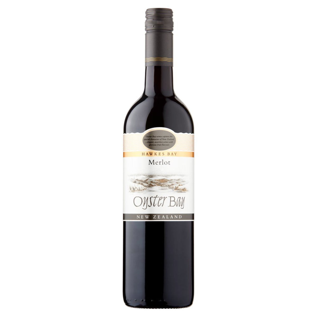 A bottle of Oyster Bay - Hawkes Bay Merlot (13.5% ABV) - 750ml on a white background. A bottle of Oyster Bay - Hawkes Bay Merlot (13.5% ABV) - 750ml on a white background.