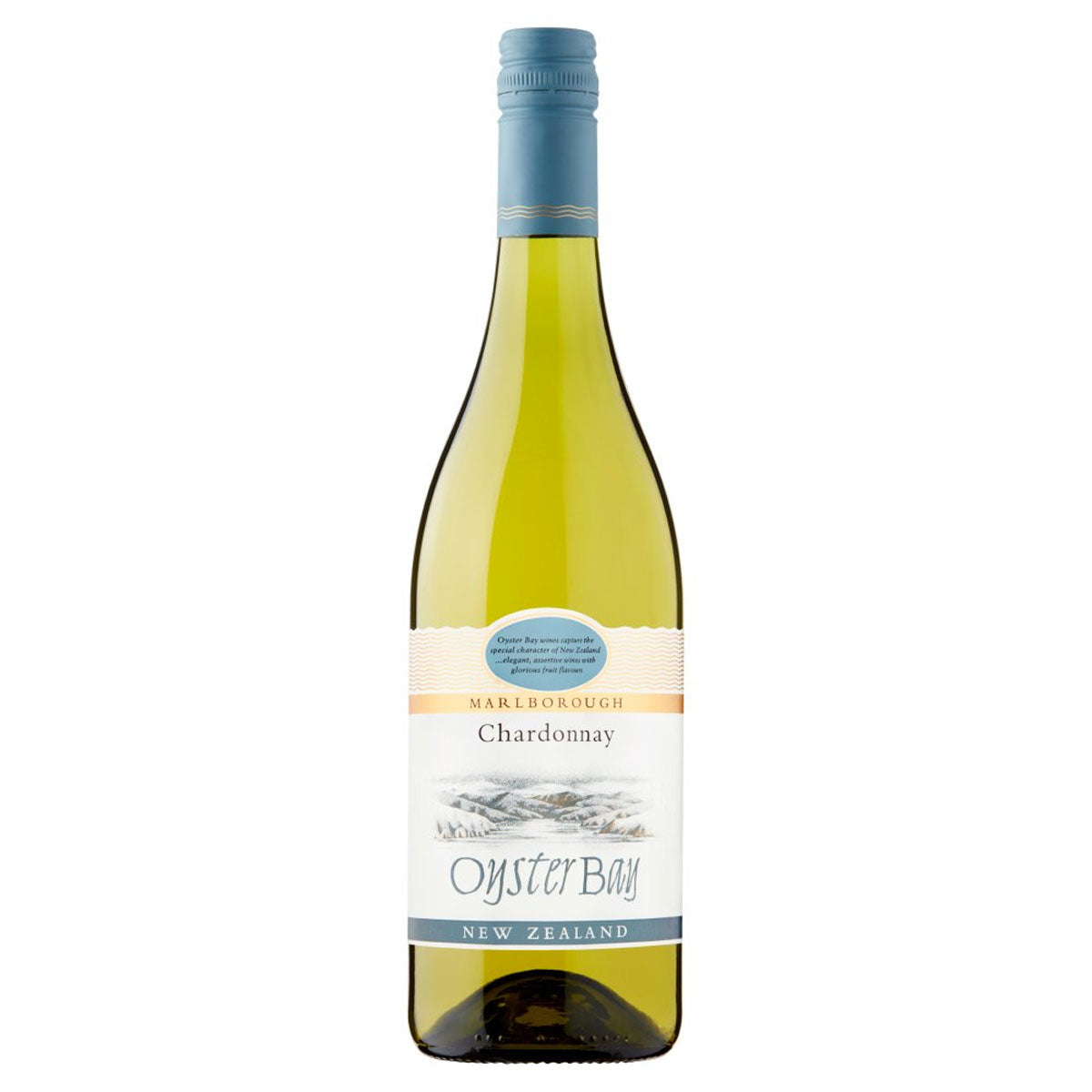 A bottle of Oyster Bay - Marlborough Chardonnay (13.0% ABV) - 750ml on a white background. A bottle of Oyster Bay - Marlborough Chardonnay (13.0% ABV) - 750ml on a white background.