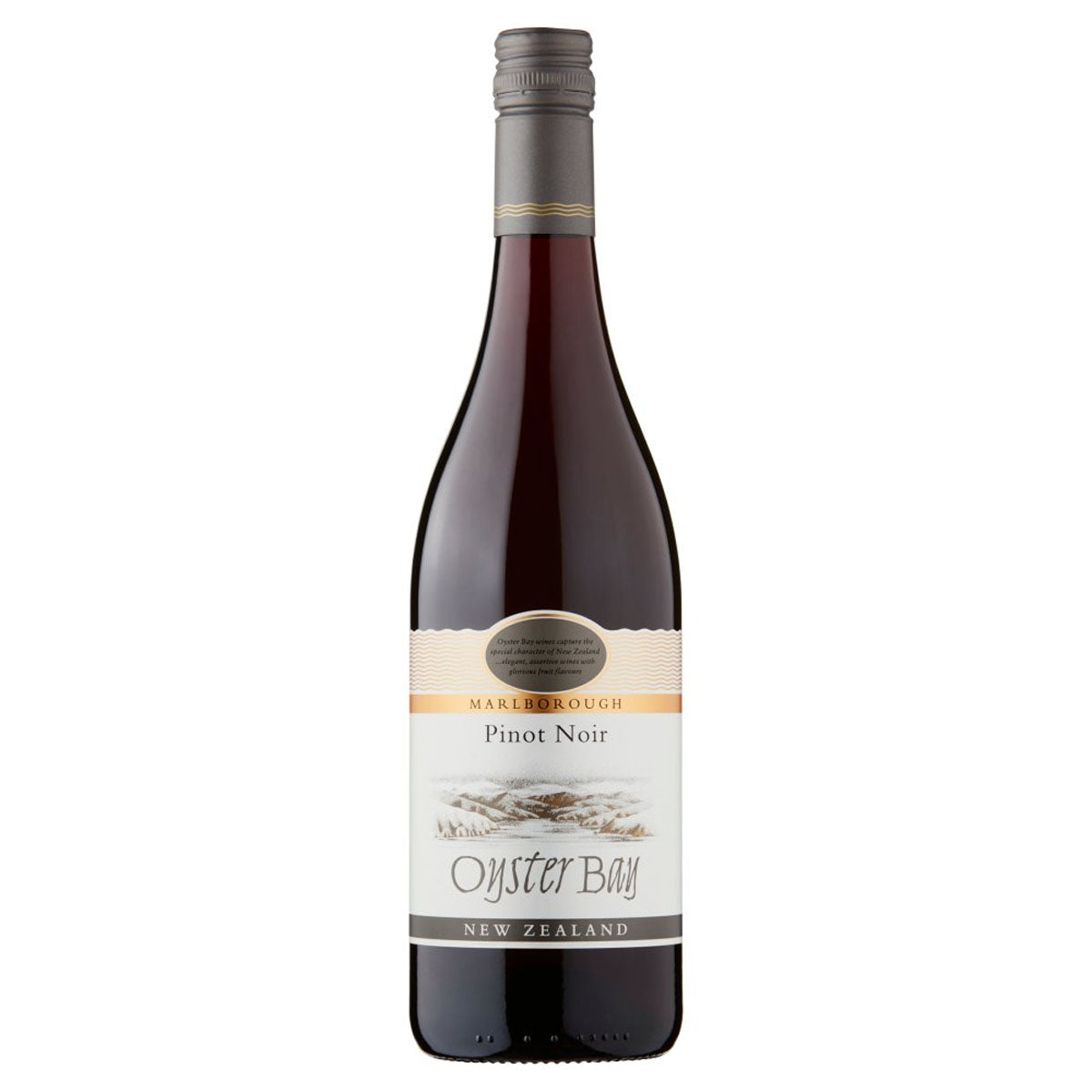 An Oyster Bay - Pinot Noir (13.5% ABV) - 750ml on a white background. An Oyster Bay - Pinot Noir (13.5% ABV) - 750ml on a white background.