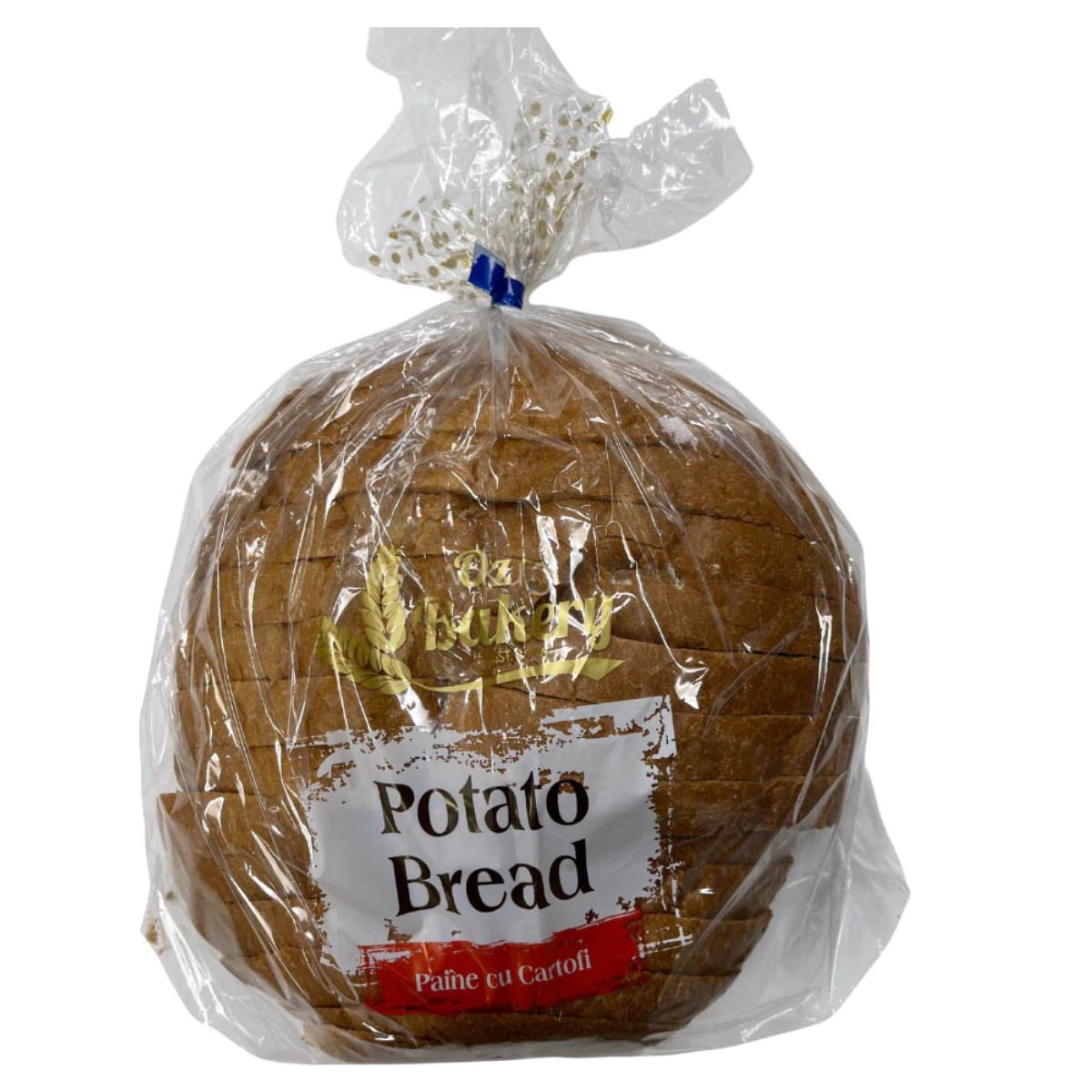 A bag of Oz Bakery - Potato Bread - 550g on a white background. A bag of Oz Bakery - Potato Bread - 550g on a white background.