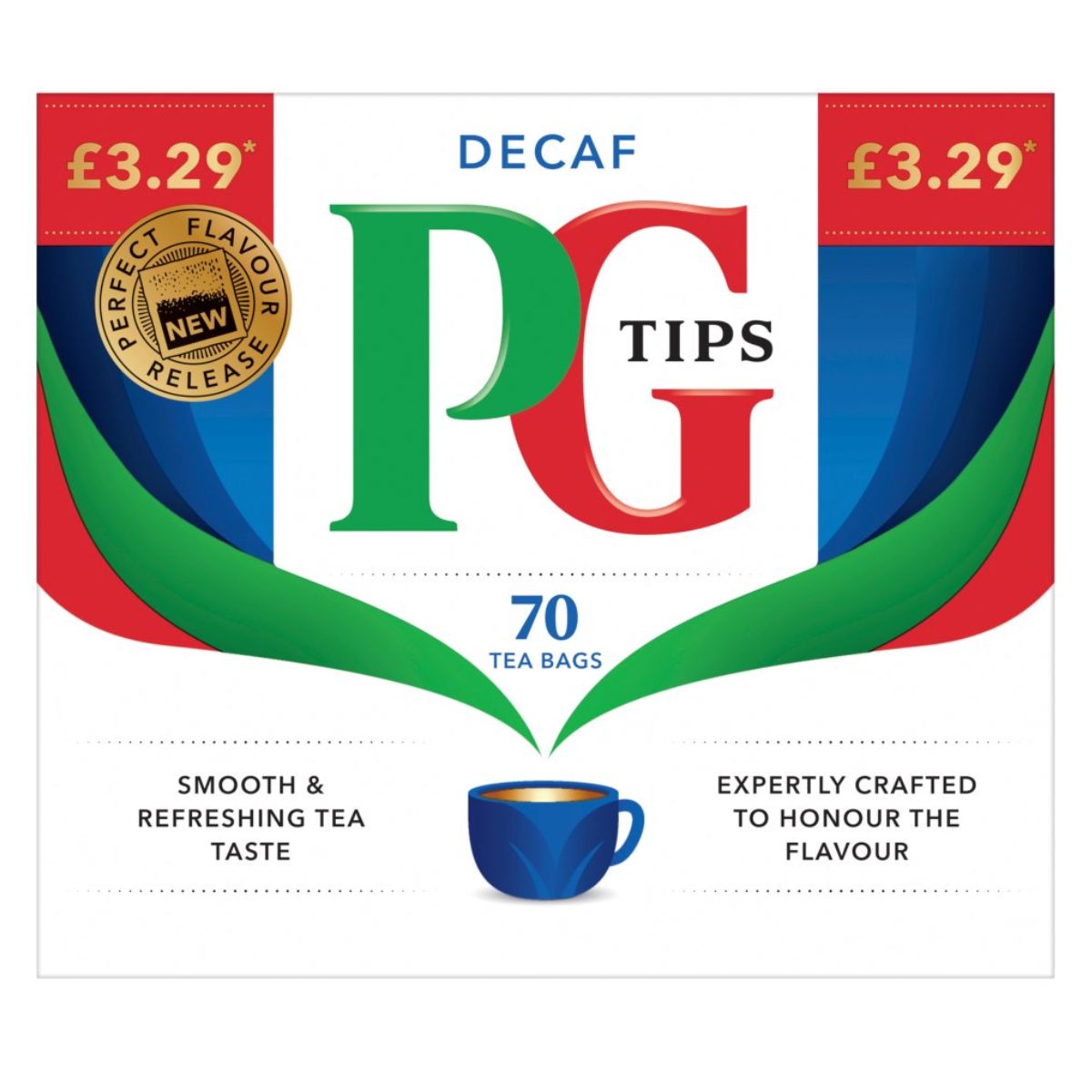 Packaging for PG Tips - 70 Decaf Tea Bags - 203g featuring a logo, a blue tea cup, price tags (£3.29), and text highlighting 70 tea bags and flavor qualities.