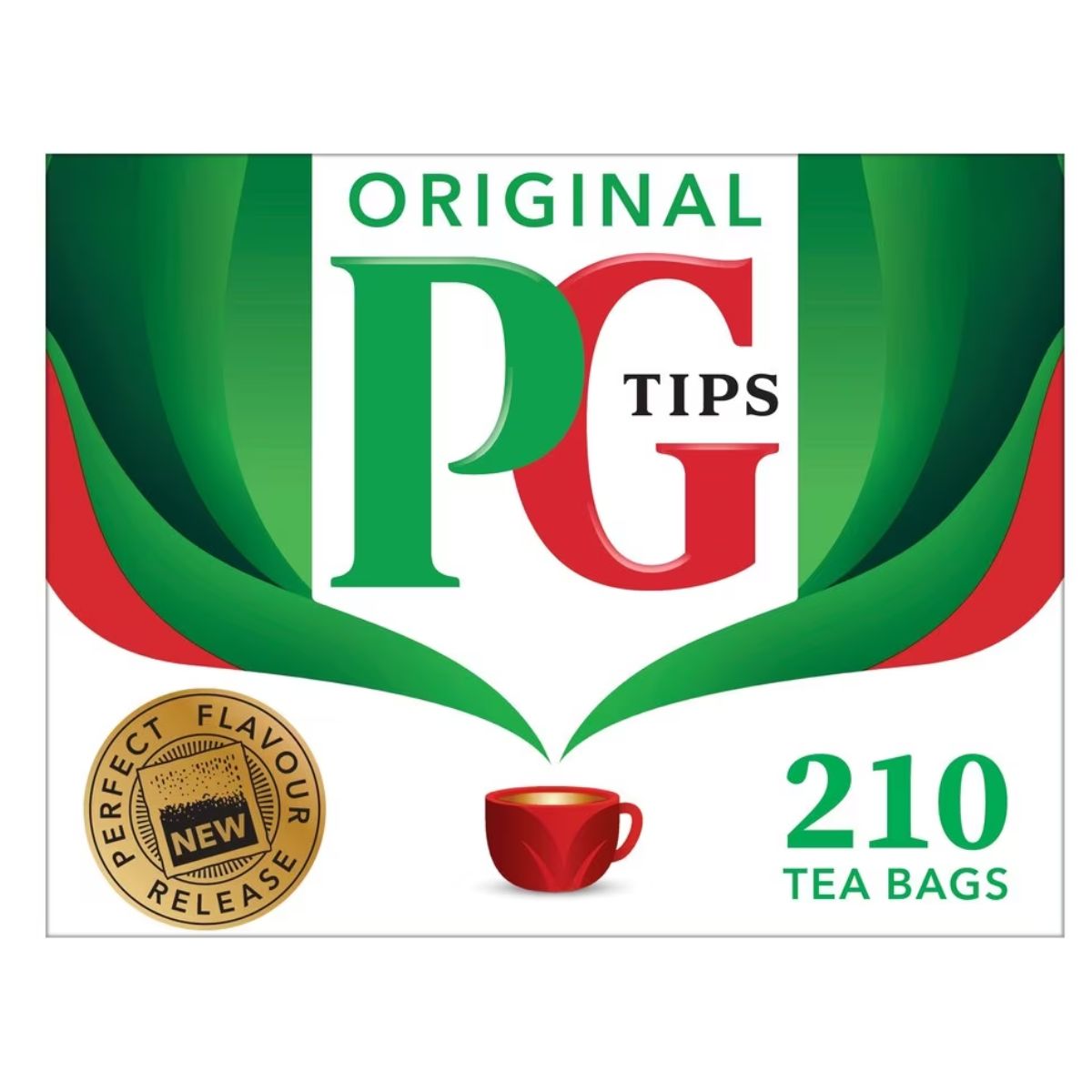 PG Tips - 210 Original Tea Bags, with green and red logo, red teacup, and gold "Perfect Flavour Release" badge on the box. PG Tips - 210 Original Tea Bags, with green and red logo, red teacup, and gold "Perfect Flavour Release" badge on the box.
