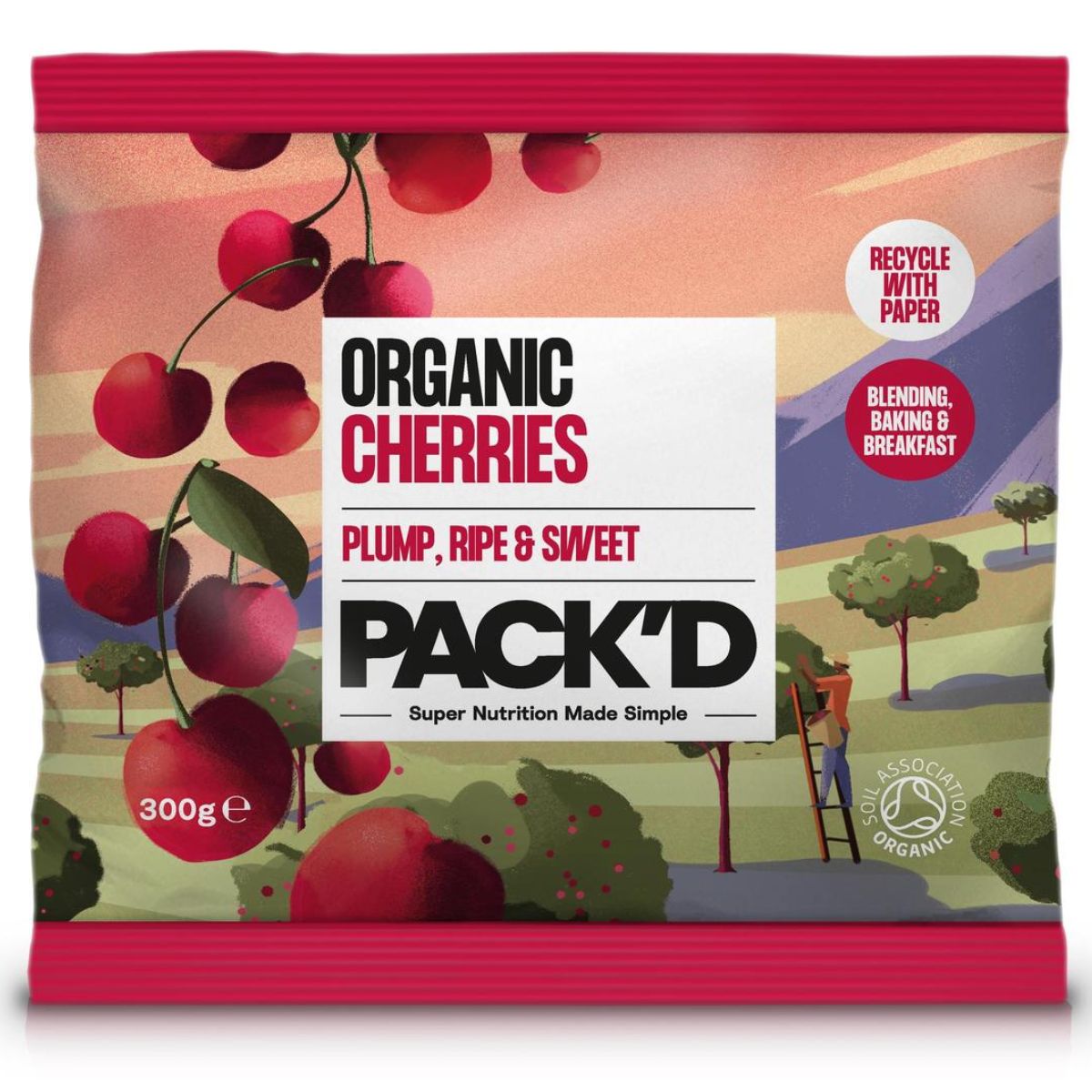 A Packd - Organic & Sweet Pitted Cherries - 300g in a pouch. A Packd - Organic & Sweet Pitted Cherries - 300g in a pouch.