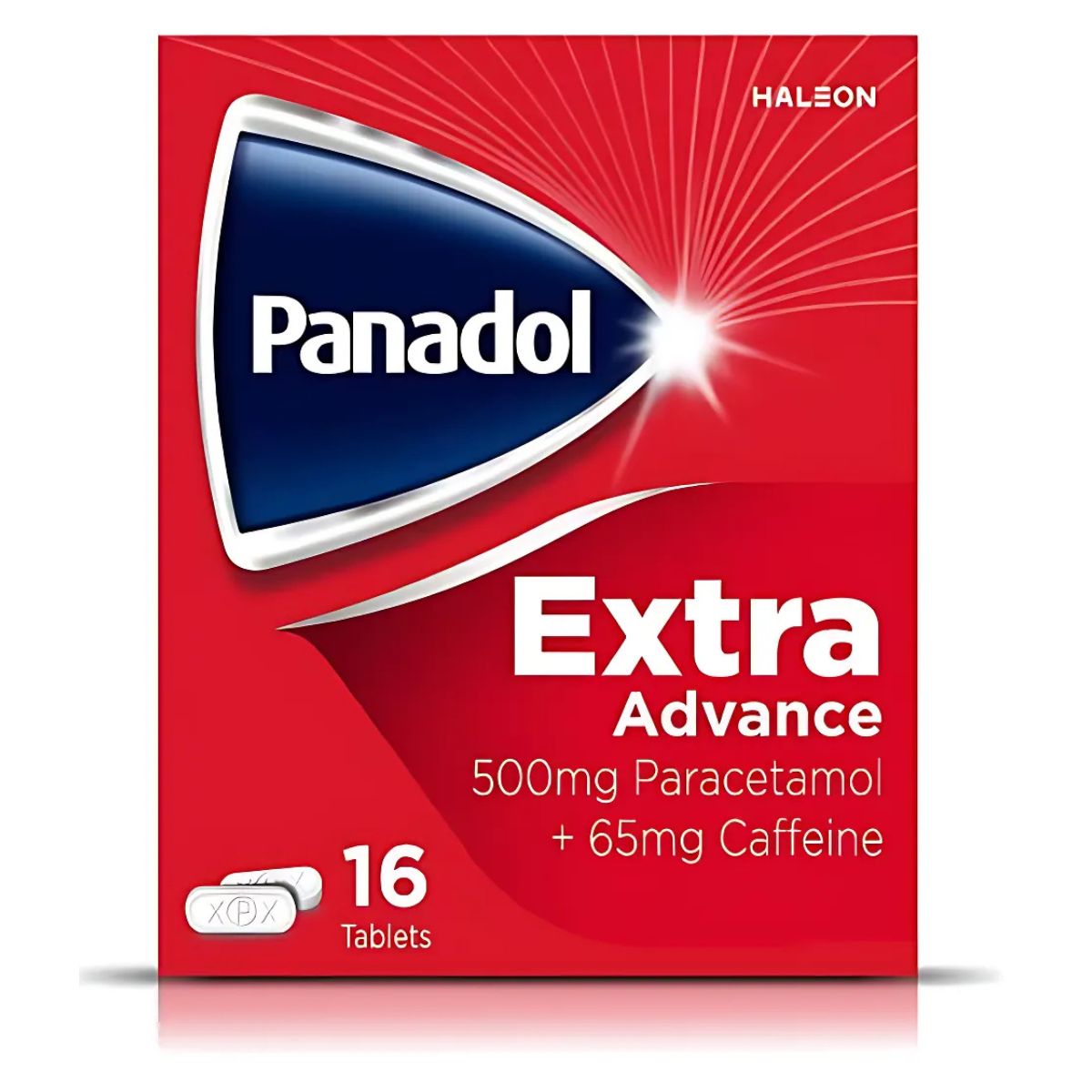 A vibrant red Panadol - Extra Advance Pain Relief 16 Pack contains tablets with 500mg of paracetamol and 65mg of caffeine for enhanced relief. A vibrant red Panadol - Extra Advance Pain Relief 16 Pack contains tablets with 500mg of paracetamol and 65mg of caffeine for enhanced relief.
