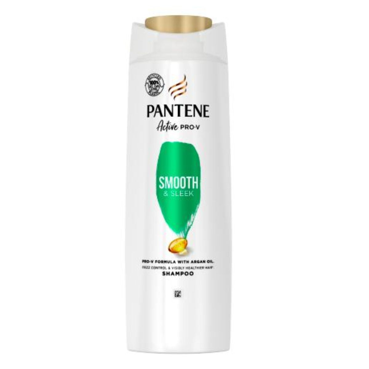 A bottle of Pantene - Smooth & Silky Shampoo - 400ml with argan oil against a white background.