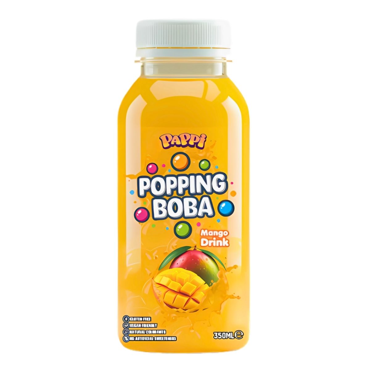 Pappi - Popping Boba Mango Drink (350ml) comes in a plastic bottle with vibrant popping boba graphics and a sliced mango on the front label, offering a burst of refreshing mango flavor. Pappi - Popping Boba Mango Drink (350ml) comes in a plastic bottle with vibrant popping boba graphics and a sliced mango on the front label, offering a burst of refreshing mango flavor.