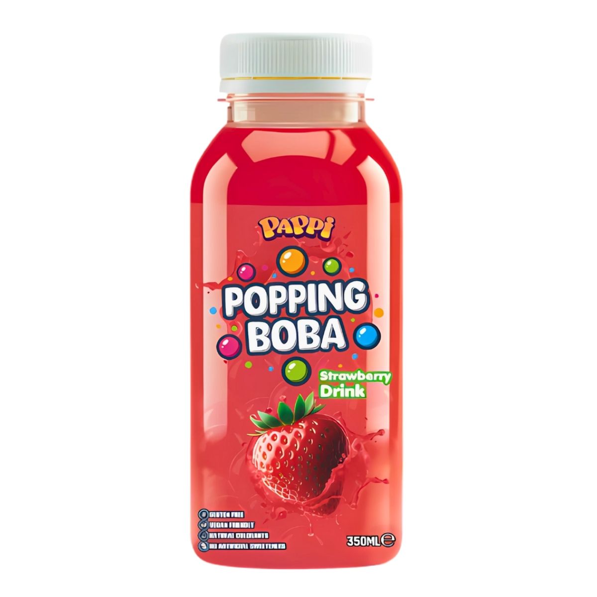 A 350ml bottle of Pappi Popping Boba Strawberry Drink features colorful branding and a strawberry image on the front label for a fruity delight. A 350ml bottle of Pappi Popping Boba Strawberry Drink features colorful branding and a strawberry image on the front label for a fruity delight.
