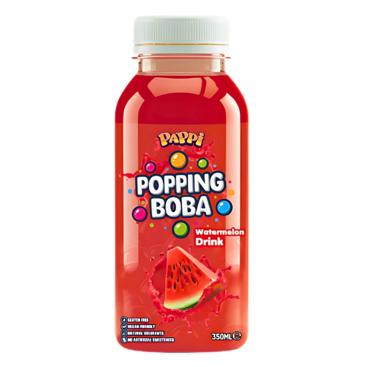 Pappi - Popping Boba Watermelon Drink – 350ml features a vibrant red label, playful bubble graphics, a watermelon slice design, and bursting boba for a refreshing flavor with every sip. Pappi - Popping Boba Watermelon Drink – 350ml features a vibrant red label, playful bubble graphics, a watermelon slice design, and bursting boba for a refreshing flavor with every sip.