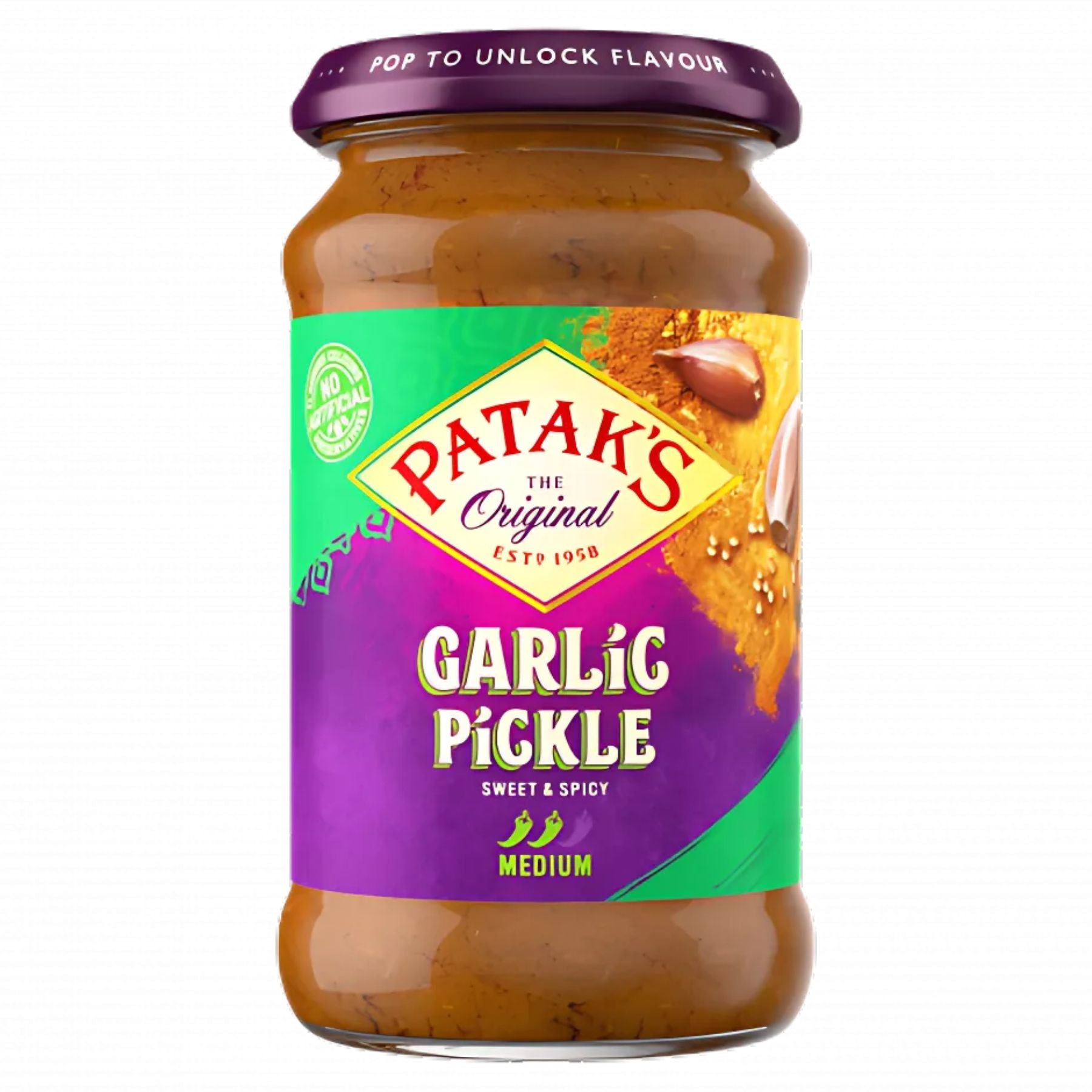 Patak's - Garlic Pickle - 300g: Enjoy sweet and spicy Indian flavors with medium heat. Comes in a jar with a purple and green label and matching purple lid. Patak's - Garlic Pickle - 300g: Enjoy sweet and spicy Indian flavors with medium heat. Comes in a jar with a purple and green label and matching purple lid.