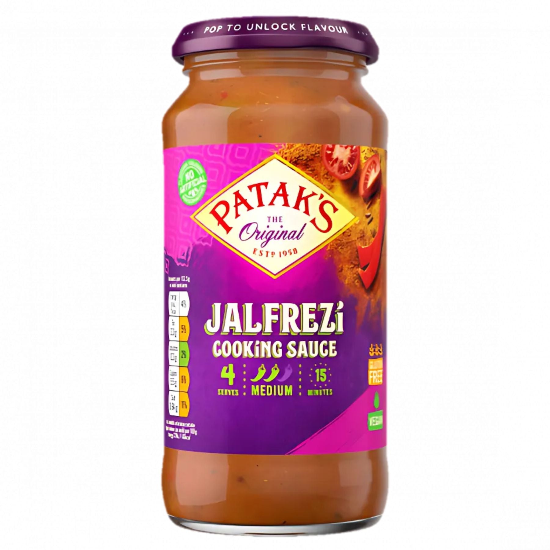 Patak's Jalfrezi Cooking Sauce (450g) is a tomato-based Indian sauce with medium spice, serving 4 in 15 minutes. The jar features a purple and red label. Patak's Jalfrezi Cooking Sauce (450g) is a tomato-based Indian sauce with medium spice, serving 4 in 15 minutes. The jar features a purple and red label.