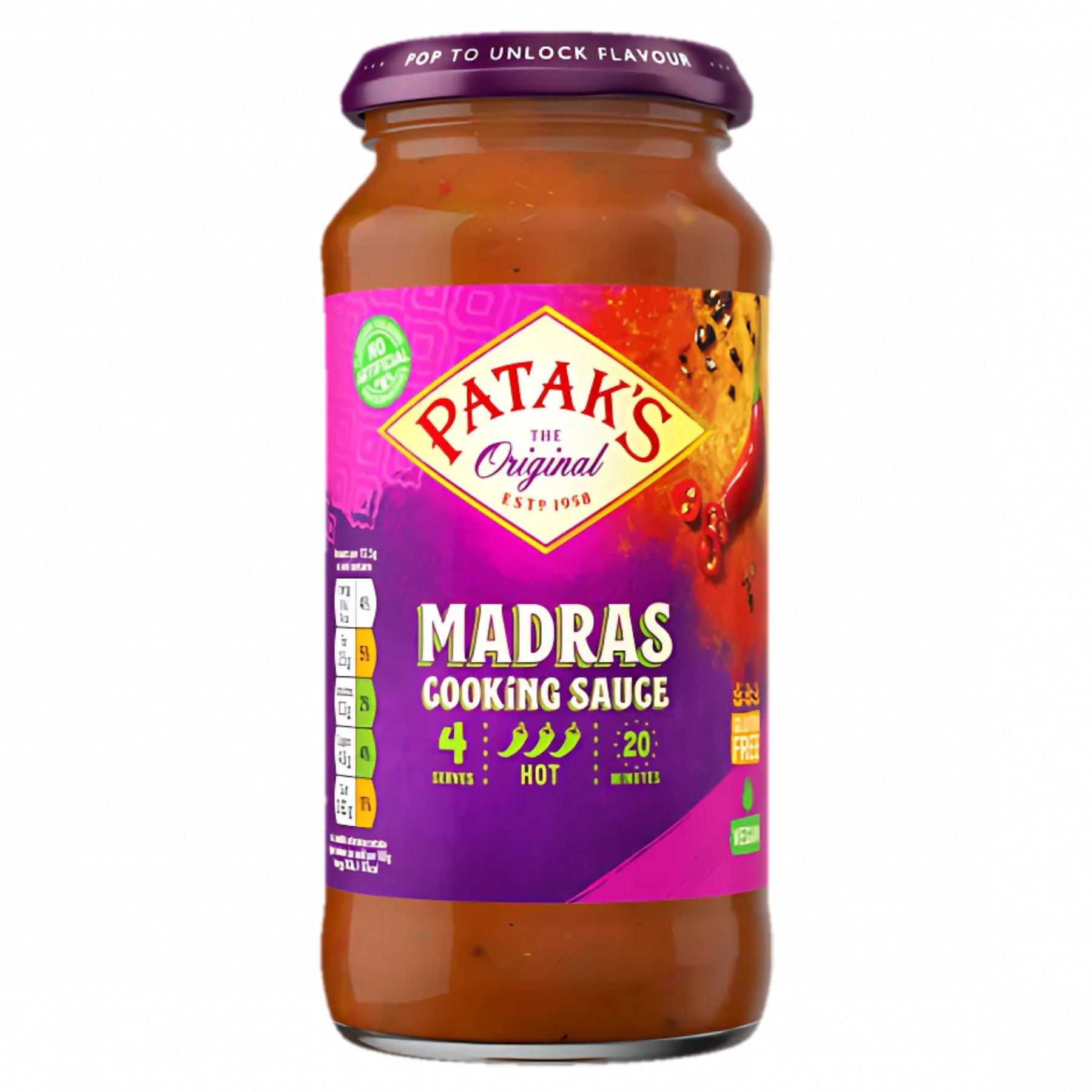 A 450g jar of Patak’s Madras Sauce with a purple lid and label shows serving size, cooking time, and spice level details for this spicy tomato sauce. A 450g jar of Patak’s Madras Sauce with a purple lid and label shows serving size, cooking time, and spice level details for this spicy tomato sauce.