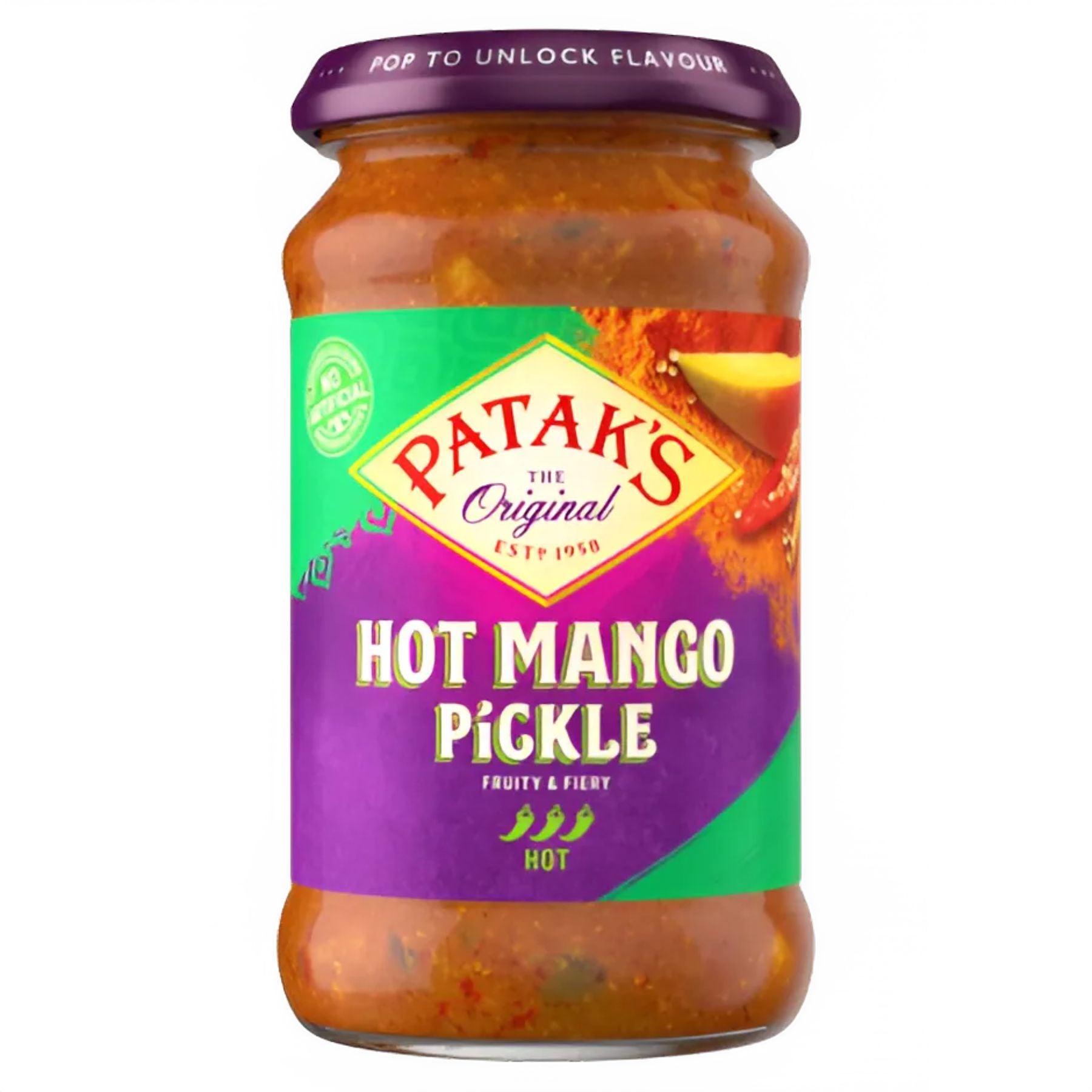 A 283g glass jar of Patak's Mango Pickle Extra Hot with a vibrant label, delivering a fruity flavor and fiery kick of authentic Indian spices. A 283g glass jar of Patak's Mango Pickle Extra Hot with a vibrant label, delivering a fruity flavor and fiery kick of authentic Indian spices.