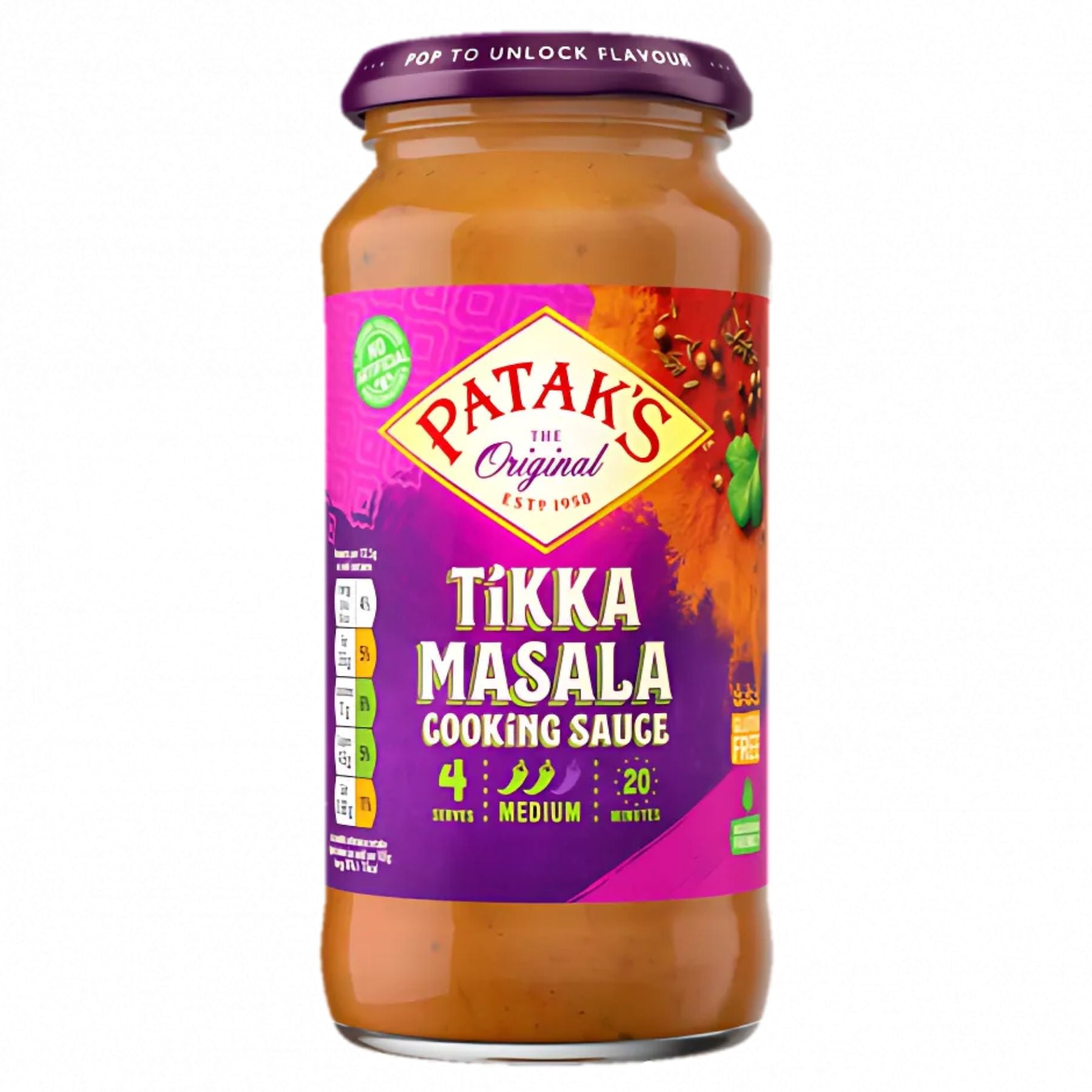 Patak's Tikka Masala Cooking Sauce 450g comes in a jar with a purple lid, orange label, and green nutrition and spice level markers—ideal for making creamy curry sauce at home. Patak's Tikka Masala Cooking Sauce 450g comes in a jar with a purple lid, orange label, and green nutrition and spice level markers—ideal for making creamy curry sauce at home.