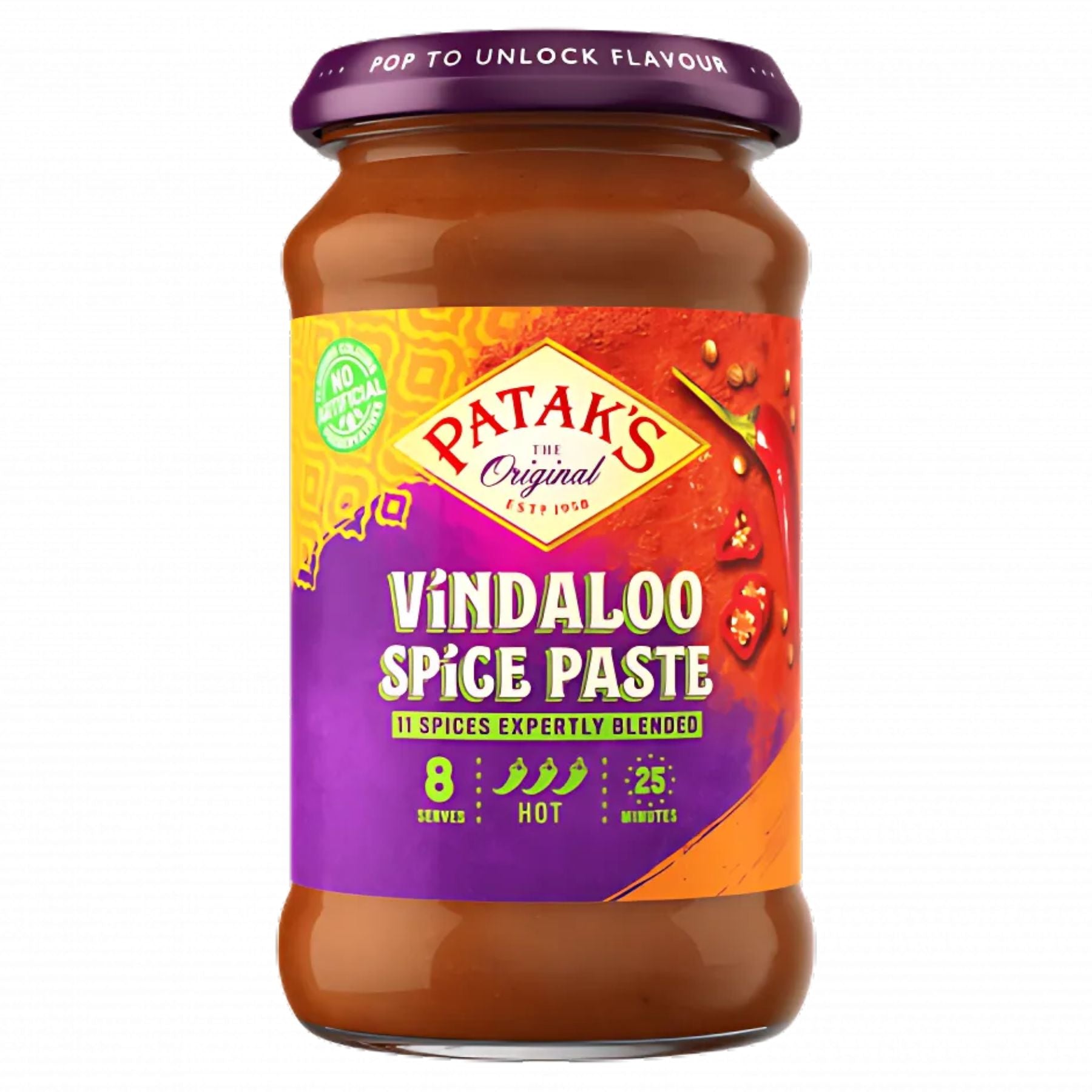 A 283g jar of Patak’s Vindaloo Spice Paste, featuring bold Indian spices, a purple lid, and a hot label. The orange and purple spice-illustrated label serves 8 and helps prepare meals in just 25 minutes. A 283g jar of Patak’s Vindaloo Spice Paste, featuring bold Indian spices, a purple lid, and a hot label. The orange and purple spice-illustrated label serves 8 and helps prepare meals in just 25 minutes.