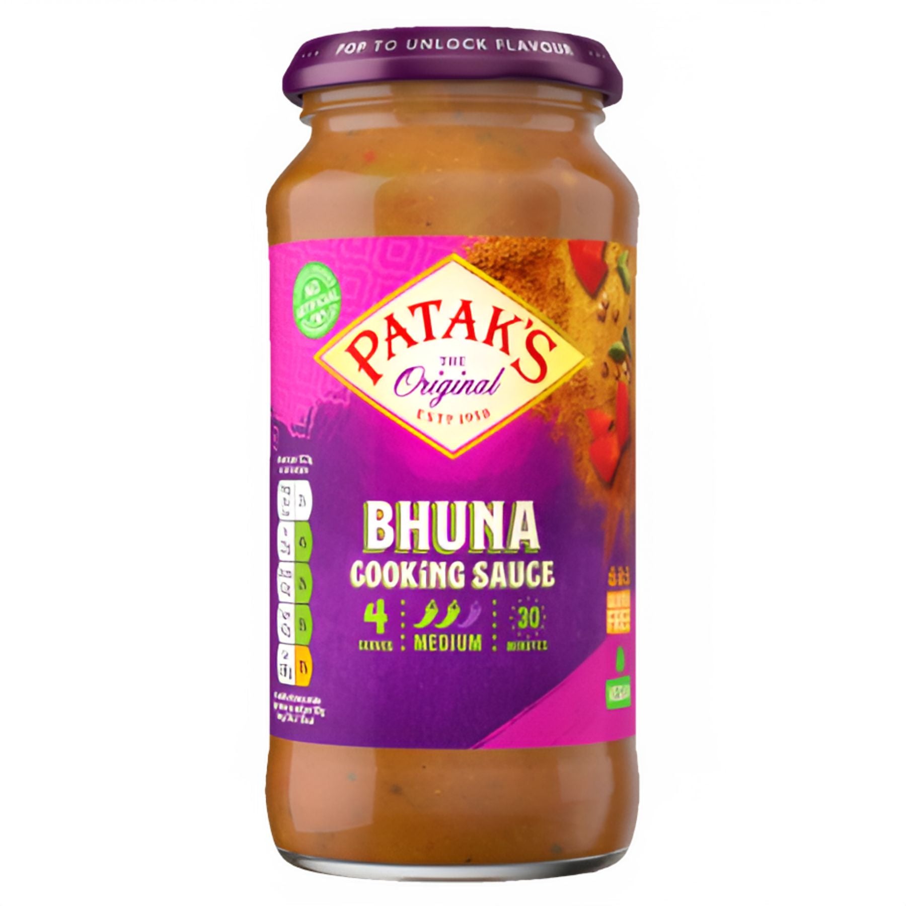 A 450g jar of Pataks Bhuna Cooking Sauce with a purple label, featuring a medium-spiced, tomato-based sauce that cooks in 30 minutes. A 450g jar of Pataks Bhuna Cooking Sauce with a purple label, featuring a medium-spiced, tomato-based sauce that cooks in 30 minutes.