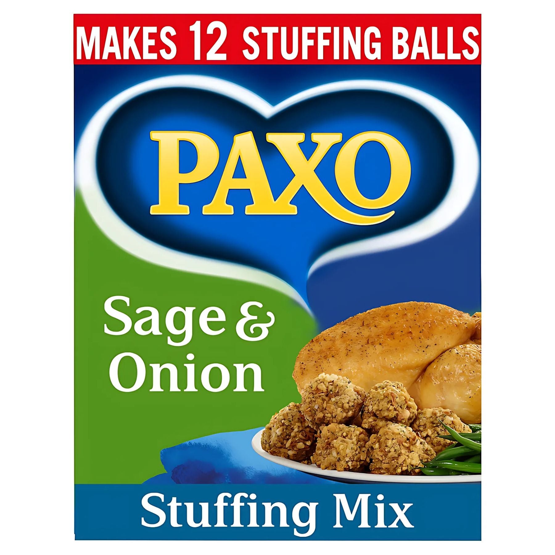 Paxo - Sage & Onion Stuffing Mix - 170g, featuring roast chicken and stuffing balls on the pack, makes 12 stuffing balls—ideal for your next roast dinner. Paxo - Sage & Onion Stuffing Mix - 170g, featuring roast chicken and stuffing balls on the pack, makes 12 stuffing balls—ideal for your next roast dinner.