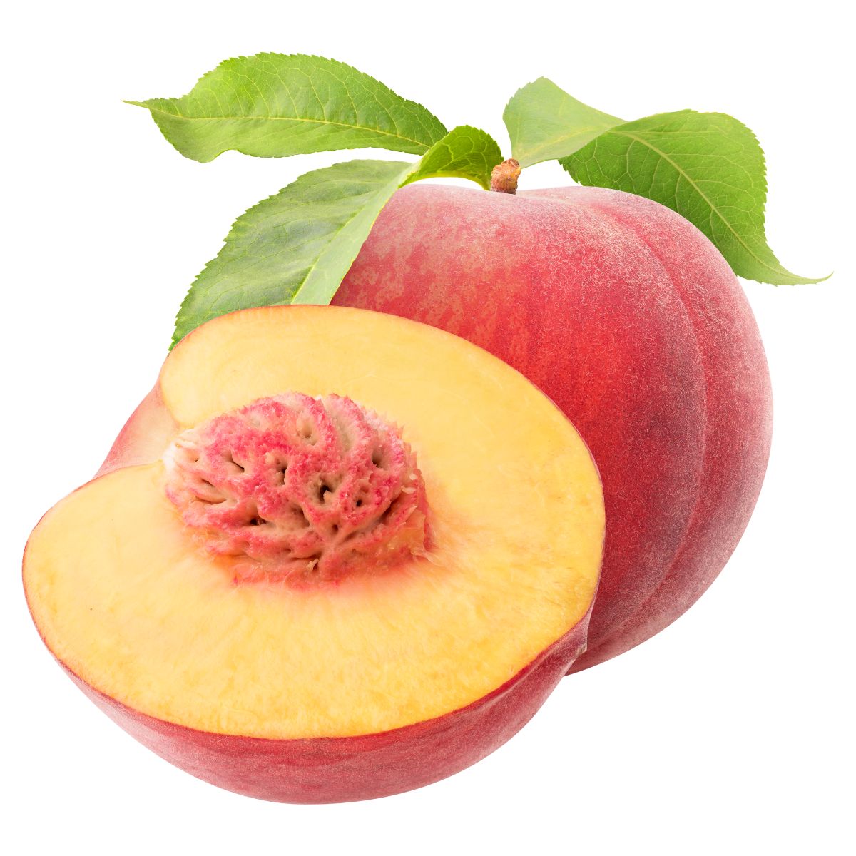 Whole peach and a half with leaves, showing its red skin and vibrant yellow-orange flesh with a visible pit, isolated on a white background. These ripe and juicy Peaches - Each offer a refreshing flavour.
