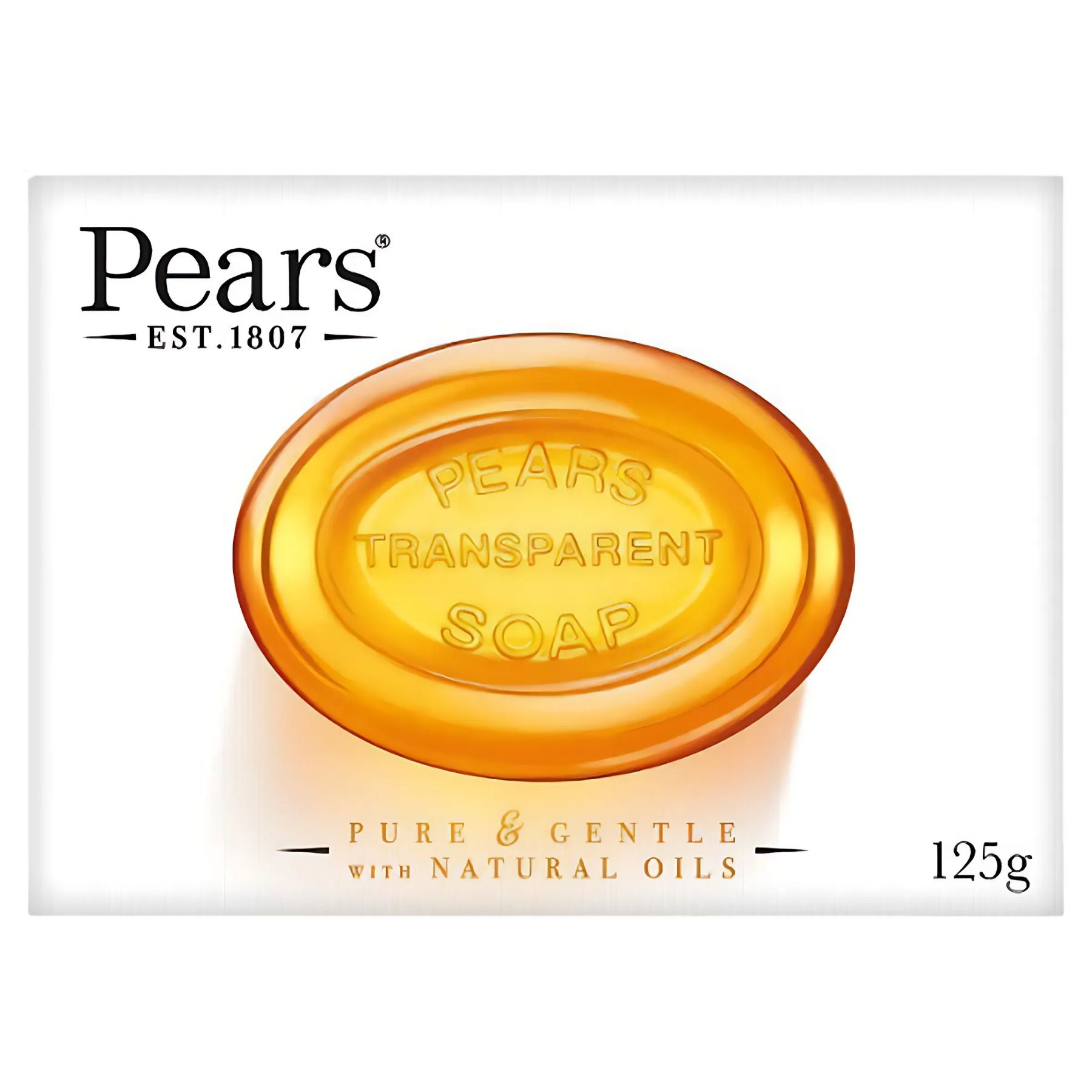 A 125g Pears Transparent Soap Bar with natural oils in its packaging, labeled as pure and gentle. A 125g Pears Transparent Soap Bar with natural oils in its packaging, labeled as pure and gentle.