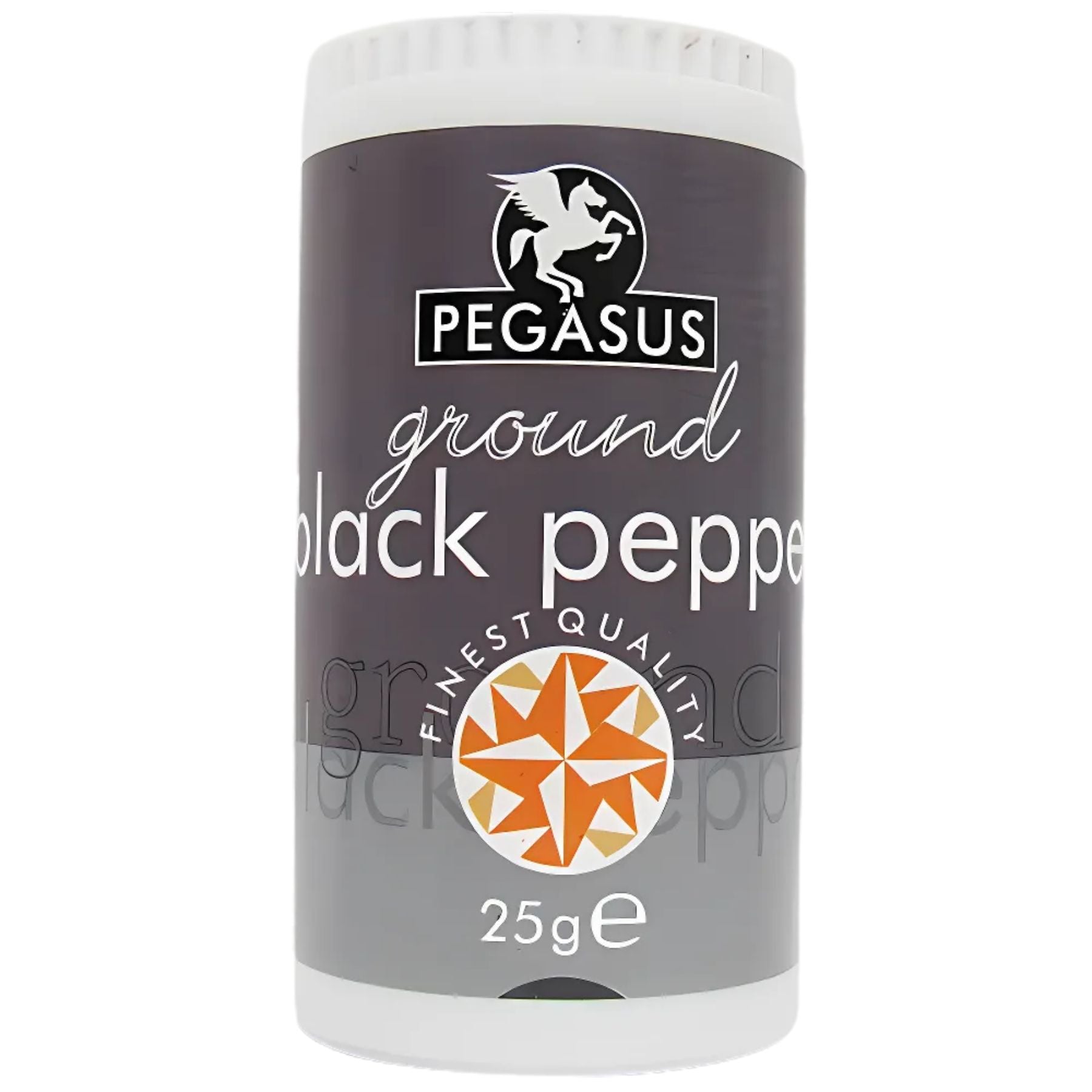 A 25g Pegasus Ground Black Pepper comes in a container with a black and white label and an orange star, making it a pantry staple. A 25g Pegasus Ground Black Pepper comes in a container with a black and white label and an orange star, making it a pantry staple.