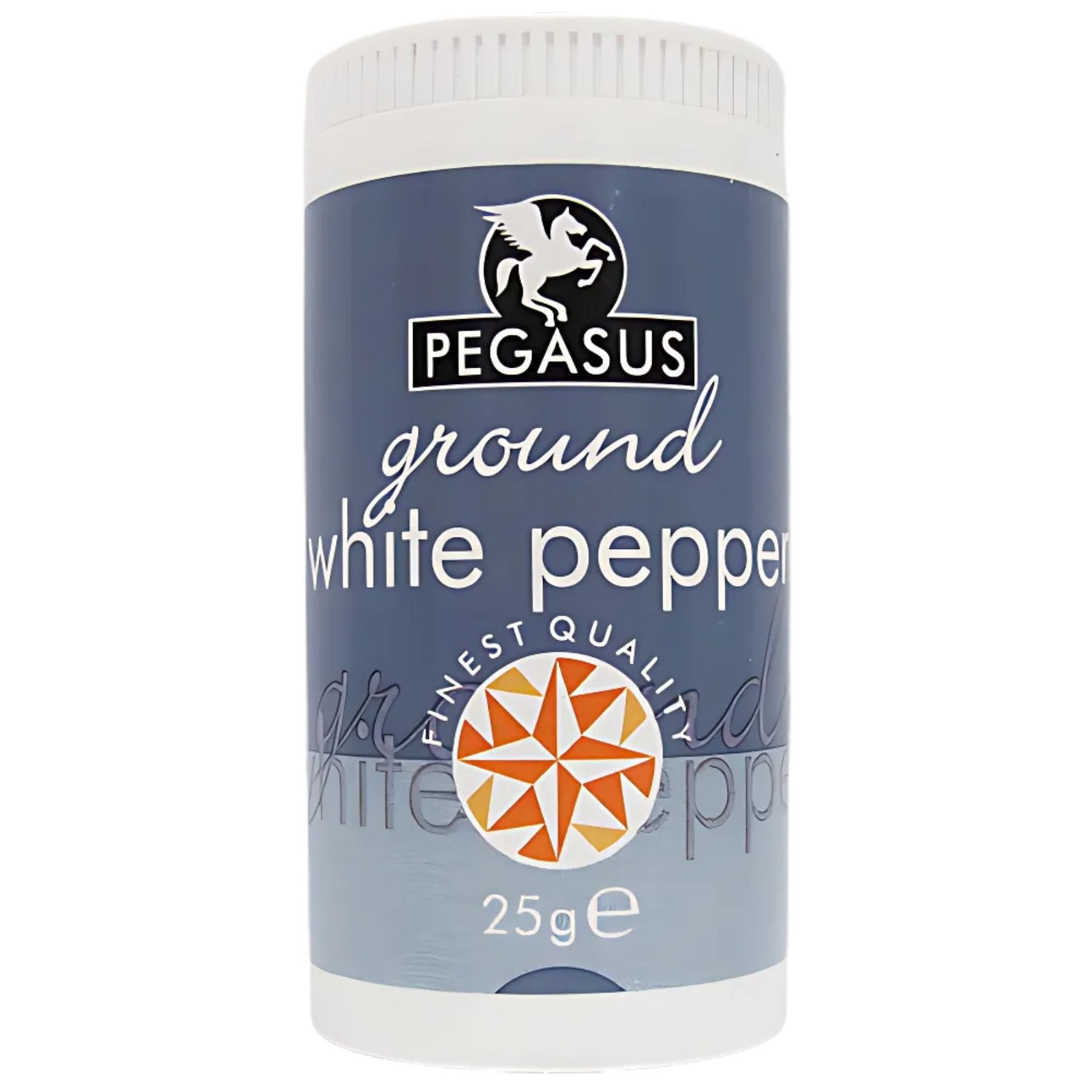 Pegasus - Ground White Pepper - 25g comes in a blue and white labeled container with the brand logo, ideal for adding premium white pepper flavor to your dishes. Pegasus - Ground White Pepper - 25g comes in a blue and white labeled container with the brand logo, ideal for adding premium white pepper flavor to your dishes.