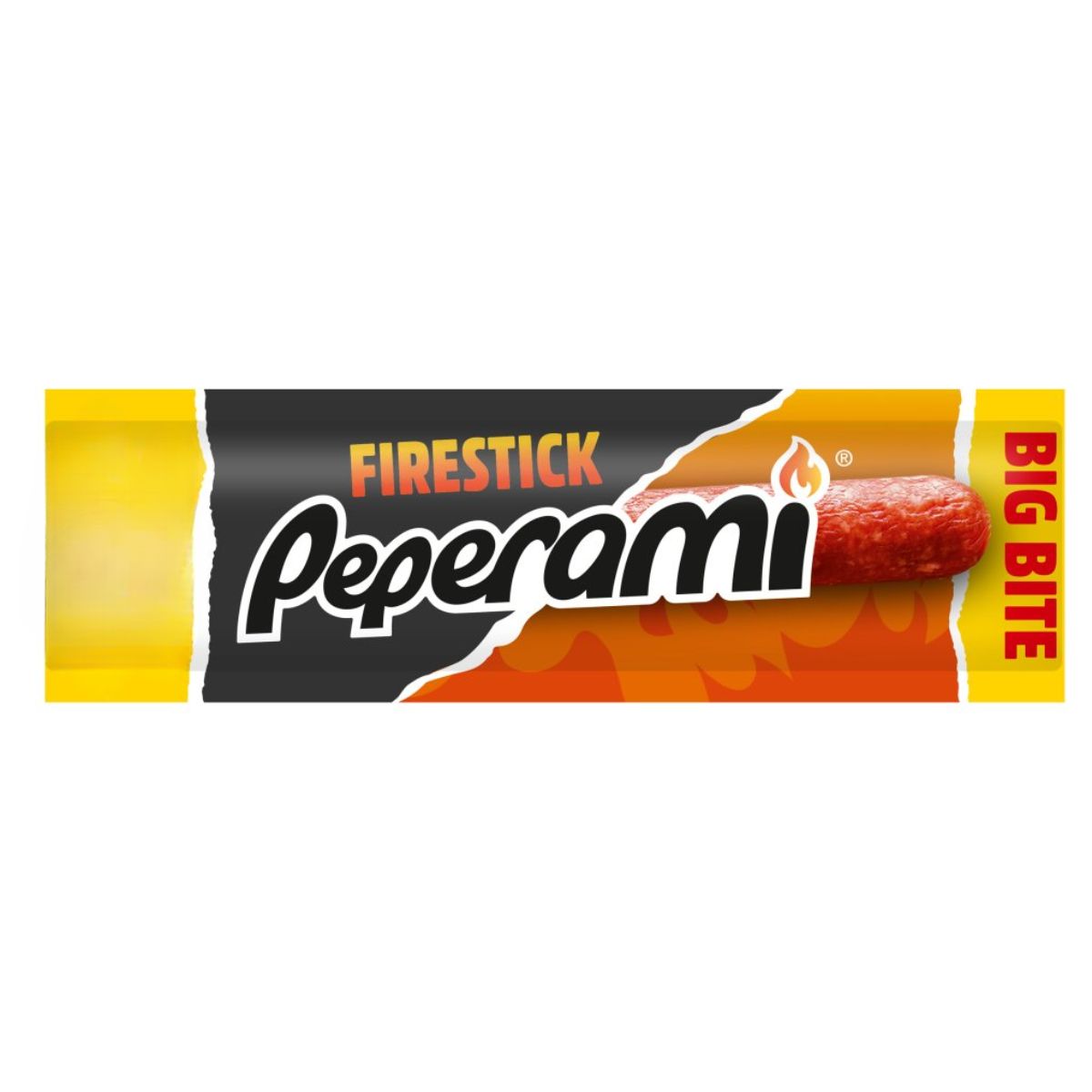 Peperami - Firestick Sausage - 28g labeled "big bite" on a fiery background with the image of a spicy red meat stick.