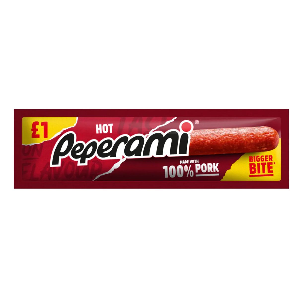 Peperami - Hot - 28g packaging displaying the product and the price of £1.